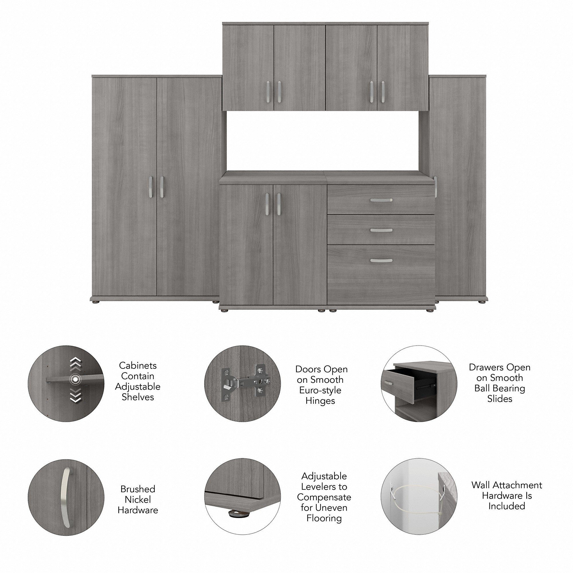 Bush Business Furniture Universal 6 Piece Modular Closet Storage Set with Floor and Wall Cabinets