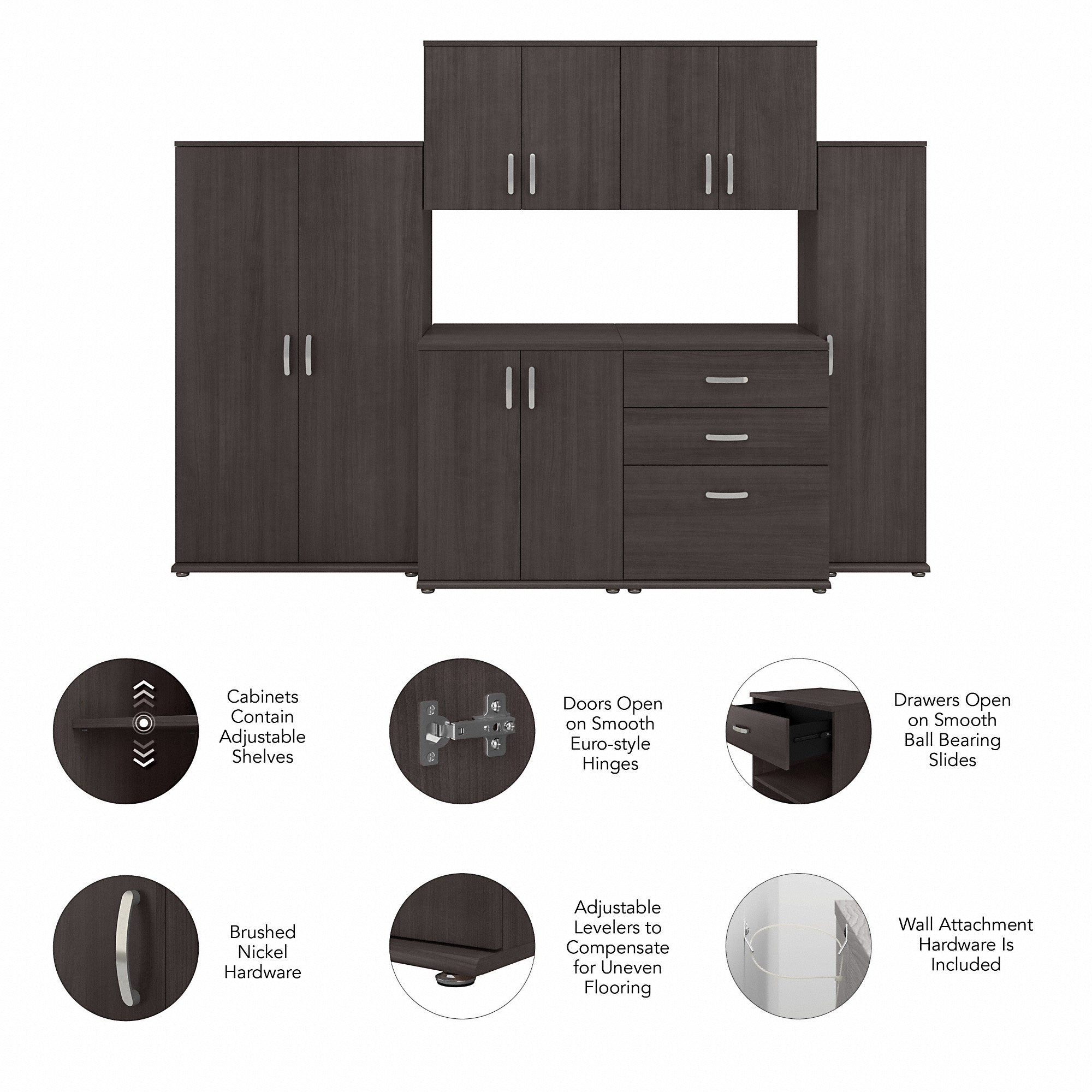 Bush Business Furniture Universal 6 Piece Modular Closet Storage Set with Floor and Wall Cabinets