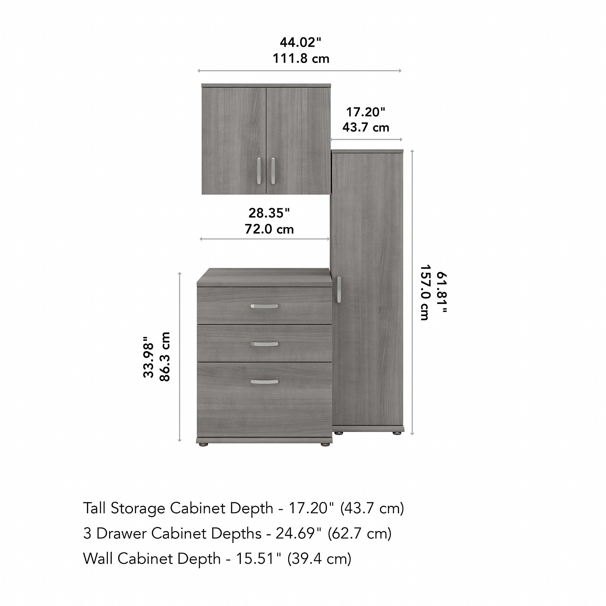 Bush Business Furniture Universal 3 Piece Modular Closet Storage Set with Floor and Wall Cabinets