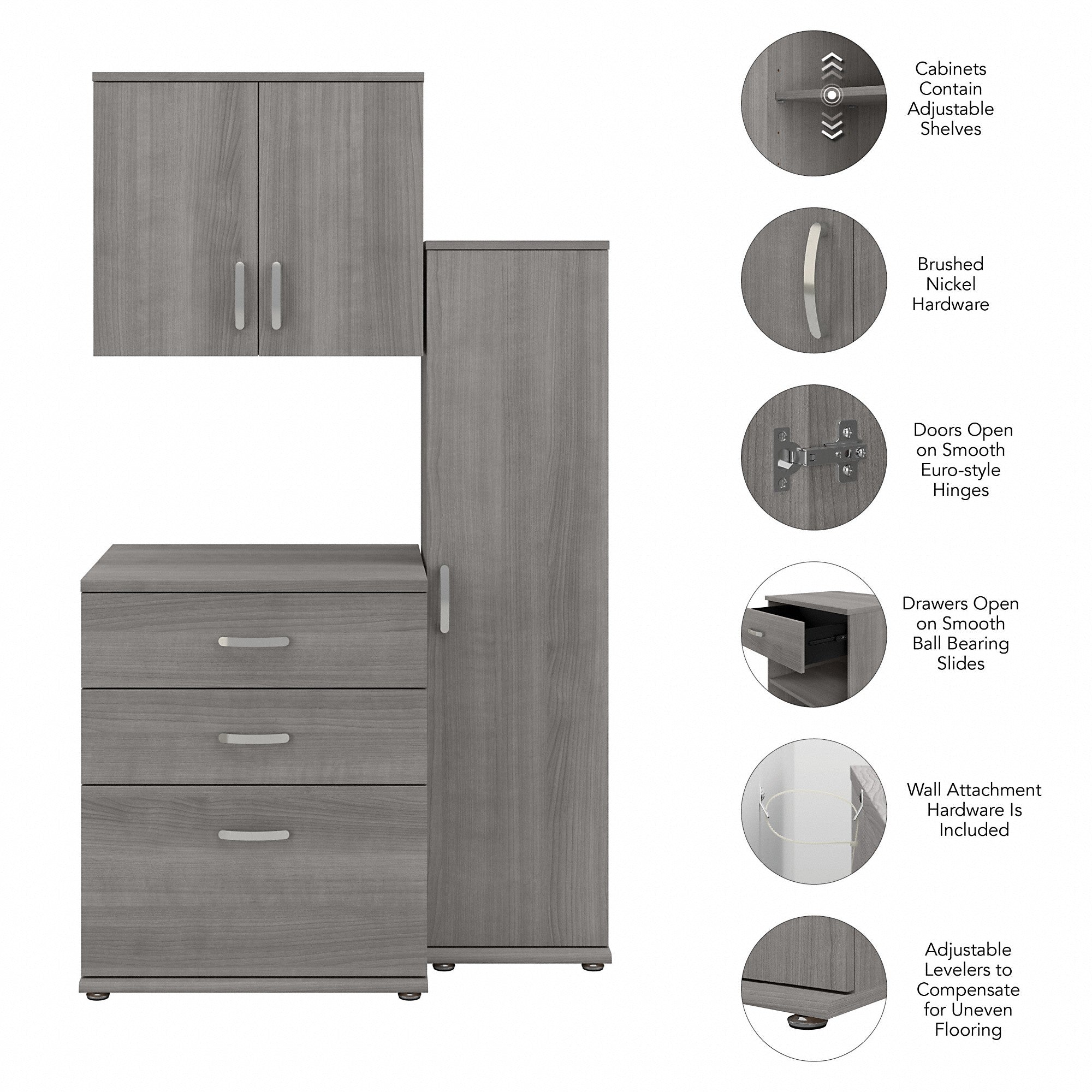 Bush Business Furniture Universal 3 Piece Modular Closet Storage Set with Floor and Wall Cabinets