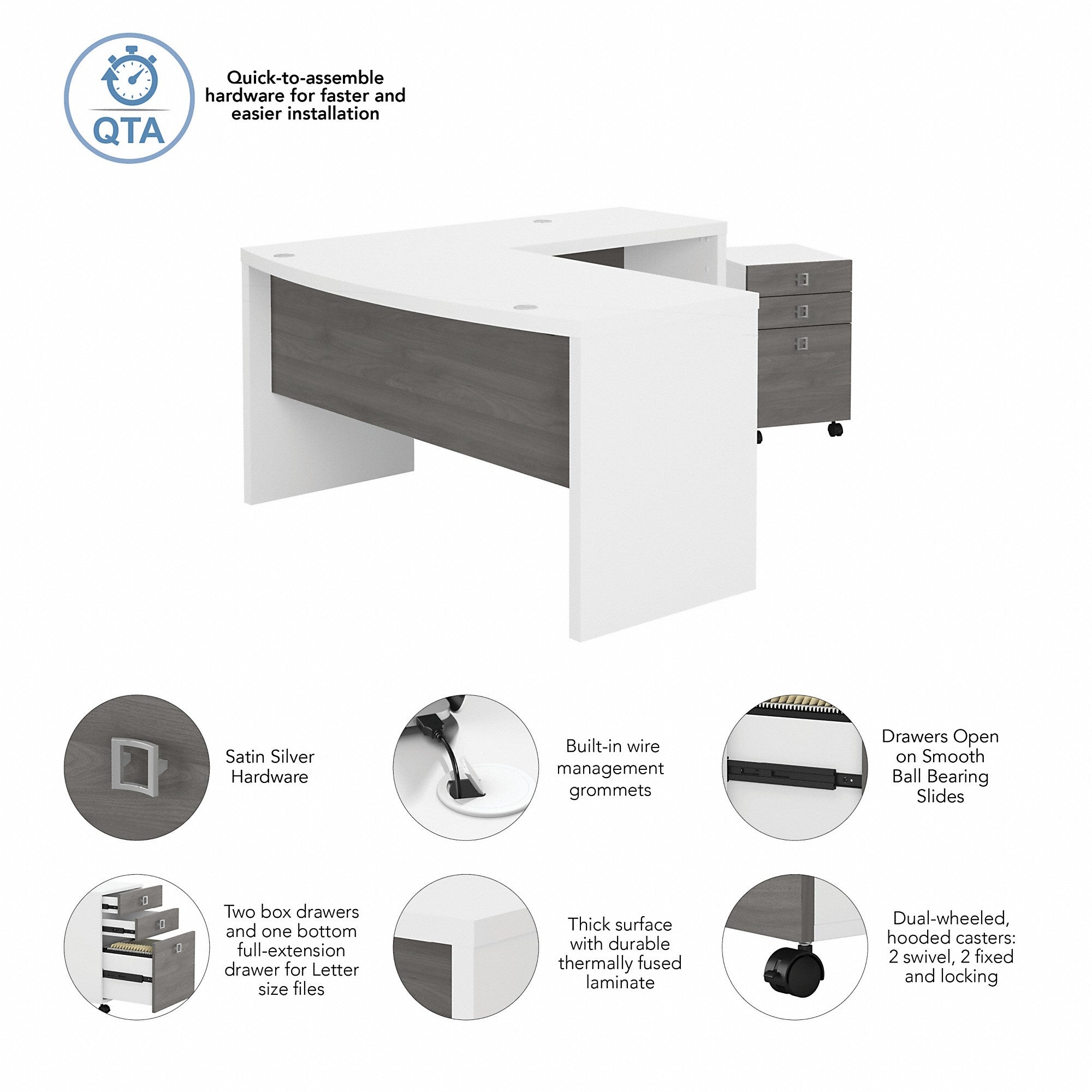 Office by kathy ireland® Echo L Shaped Bow Front Desk with Mobile File Cabinet