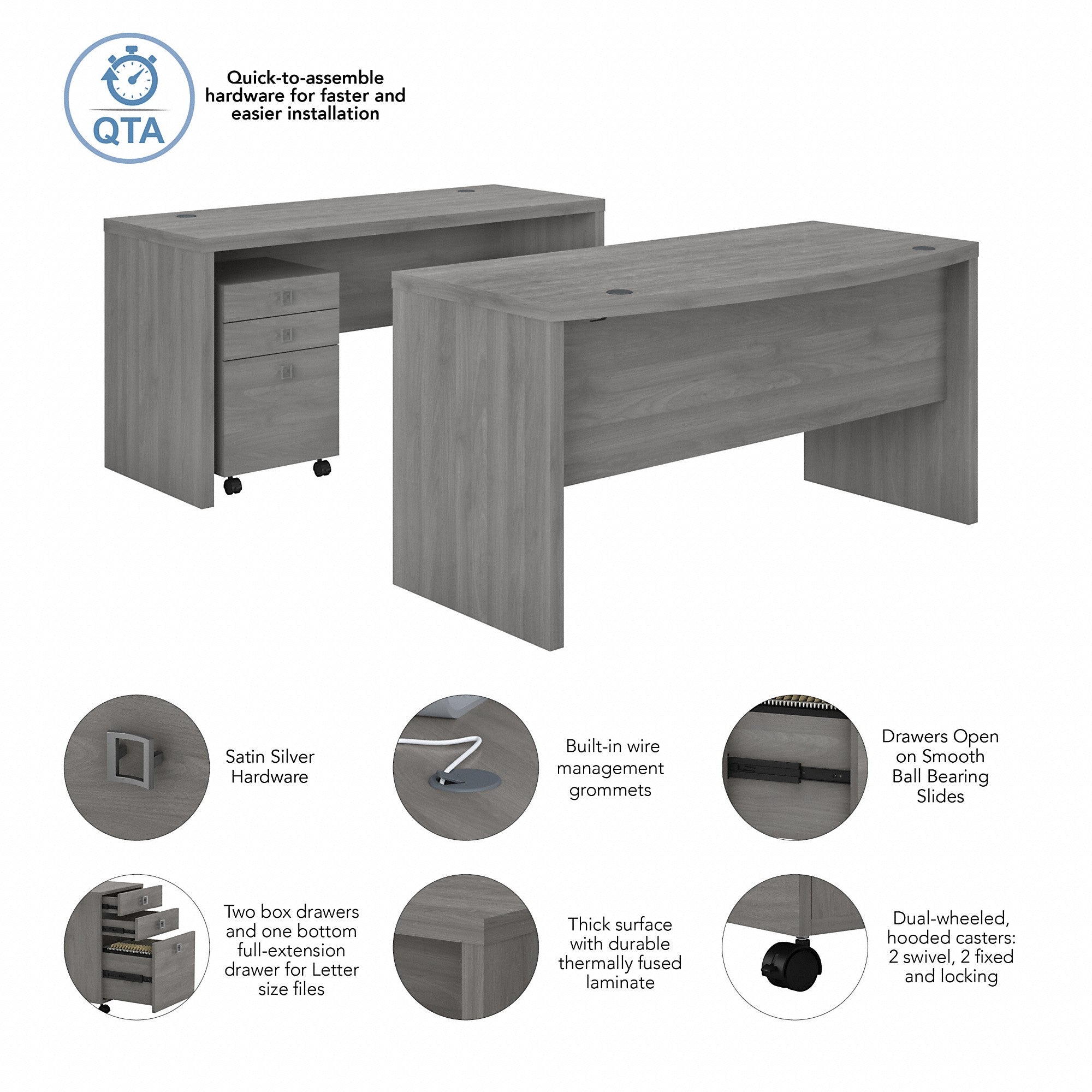 Office by kathy ireland® Echo Bow Front Desk and Credenza with Mobile File Cabinet