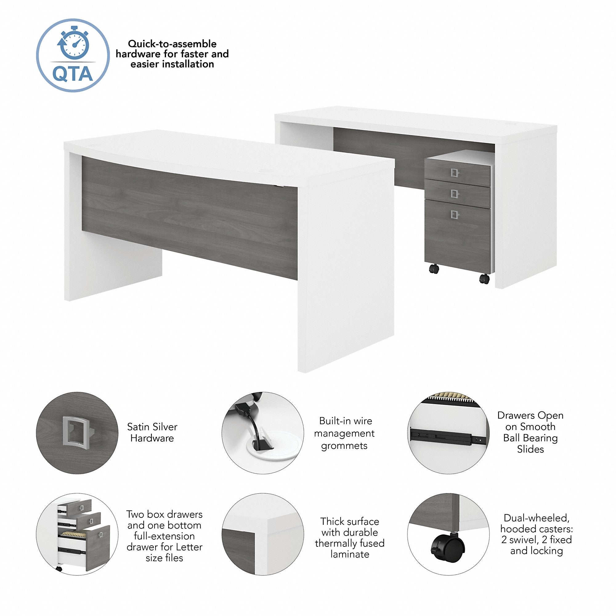 Office by kathy ireland® Echo Bow Front Desk and Credenza with Mobile File Cabinet