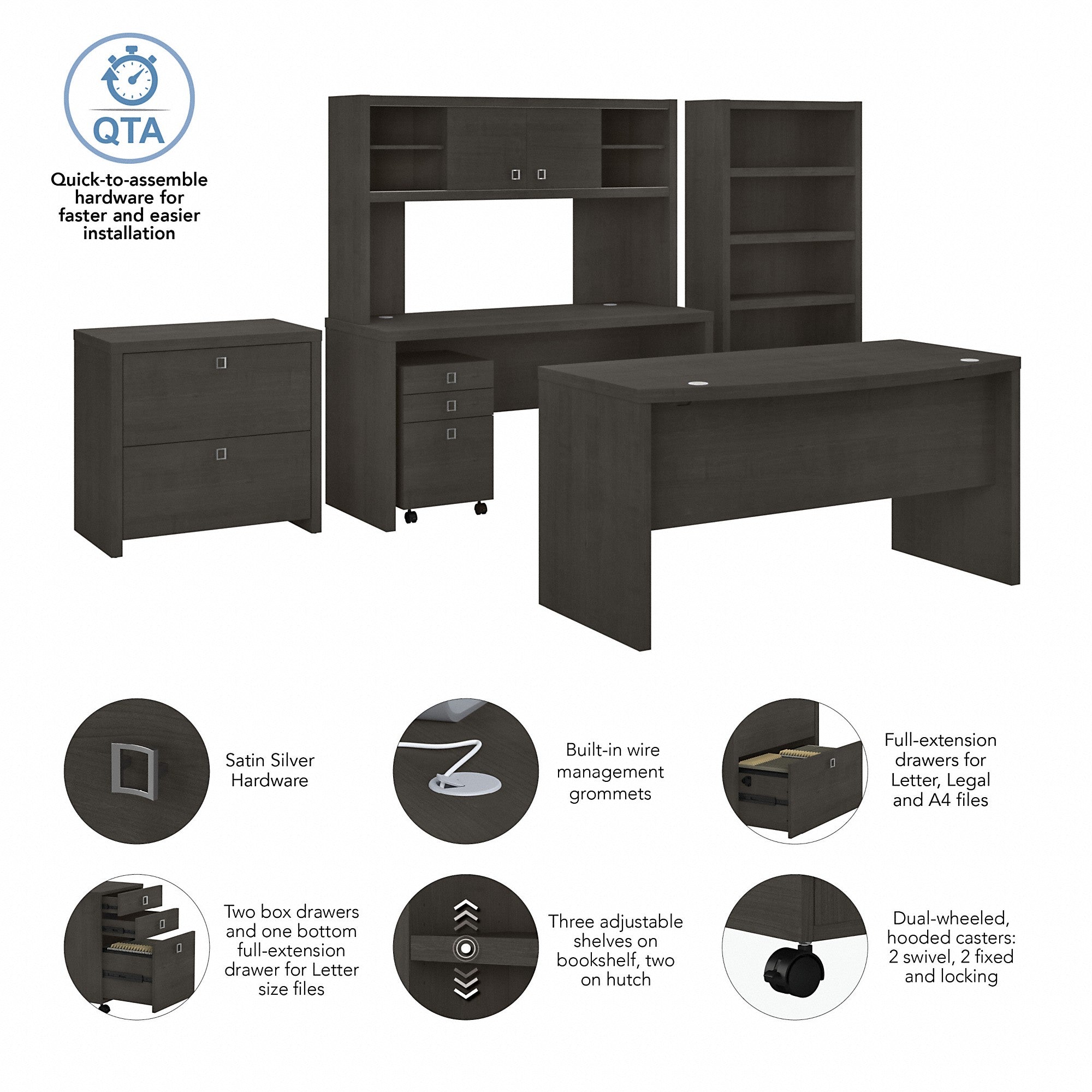 Office by kathy ireland® Echo Bow Front Desk, Credenza with Hutch, Bookcase and File Cabinets