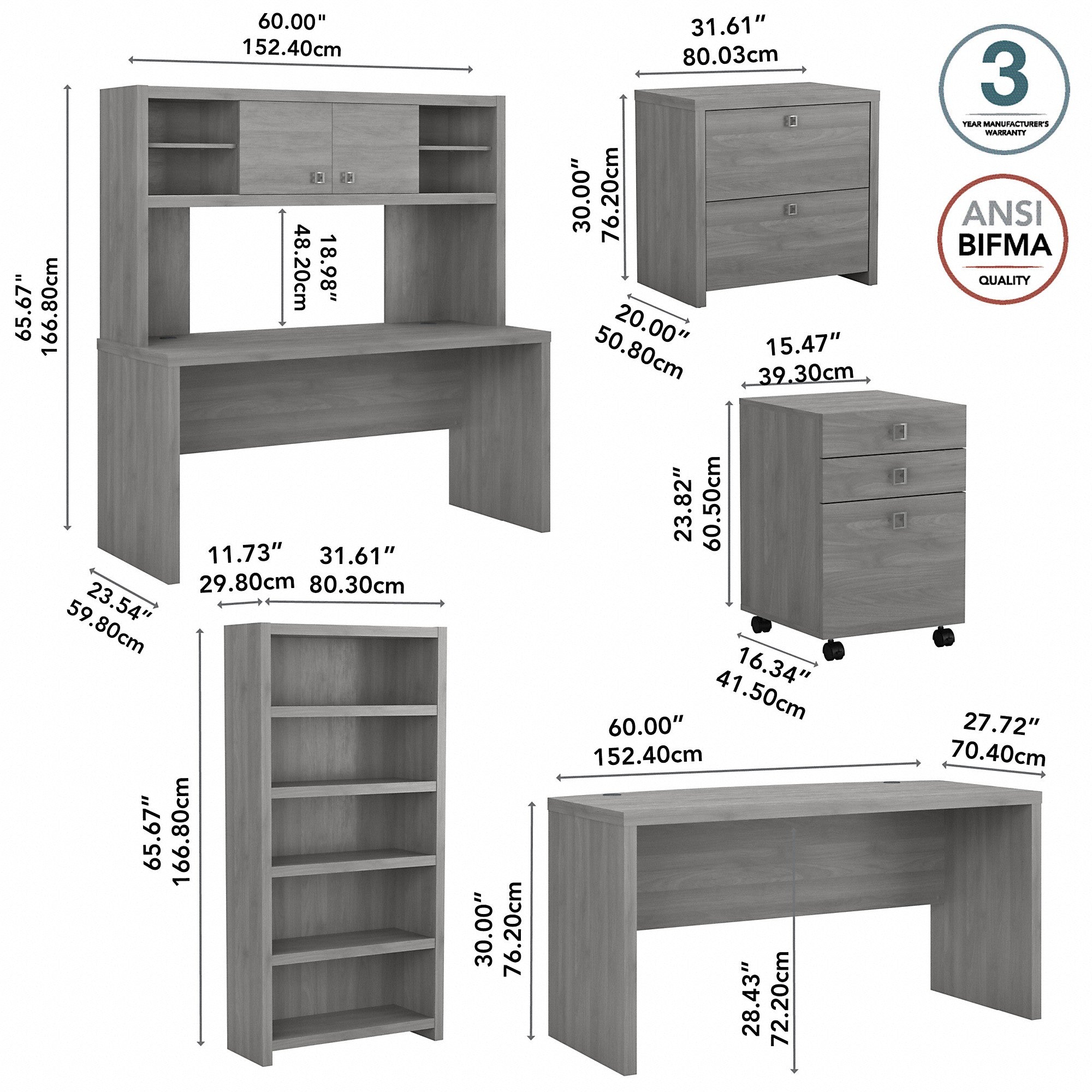 Office by kathy ireland® Echo Bow Front Desk, Credenza with Hutch, Bookcase and File Cabinets