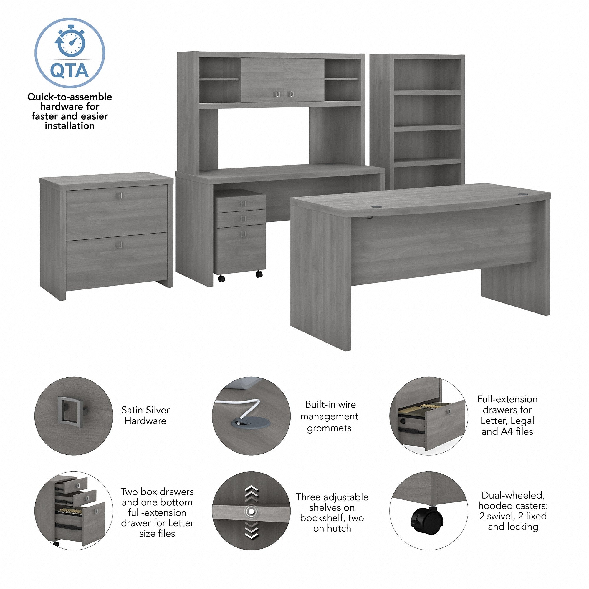 Office by kathy ireland® Echo Bow Front Desk, Credenza with Hutch, Bookcase and File Cabinets