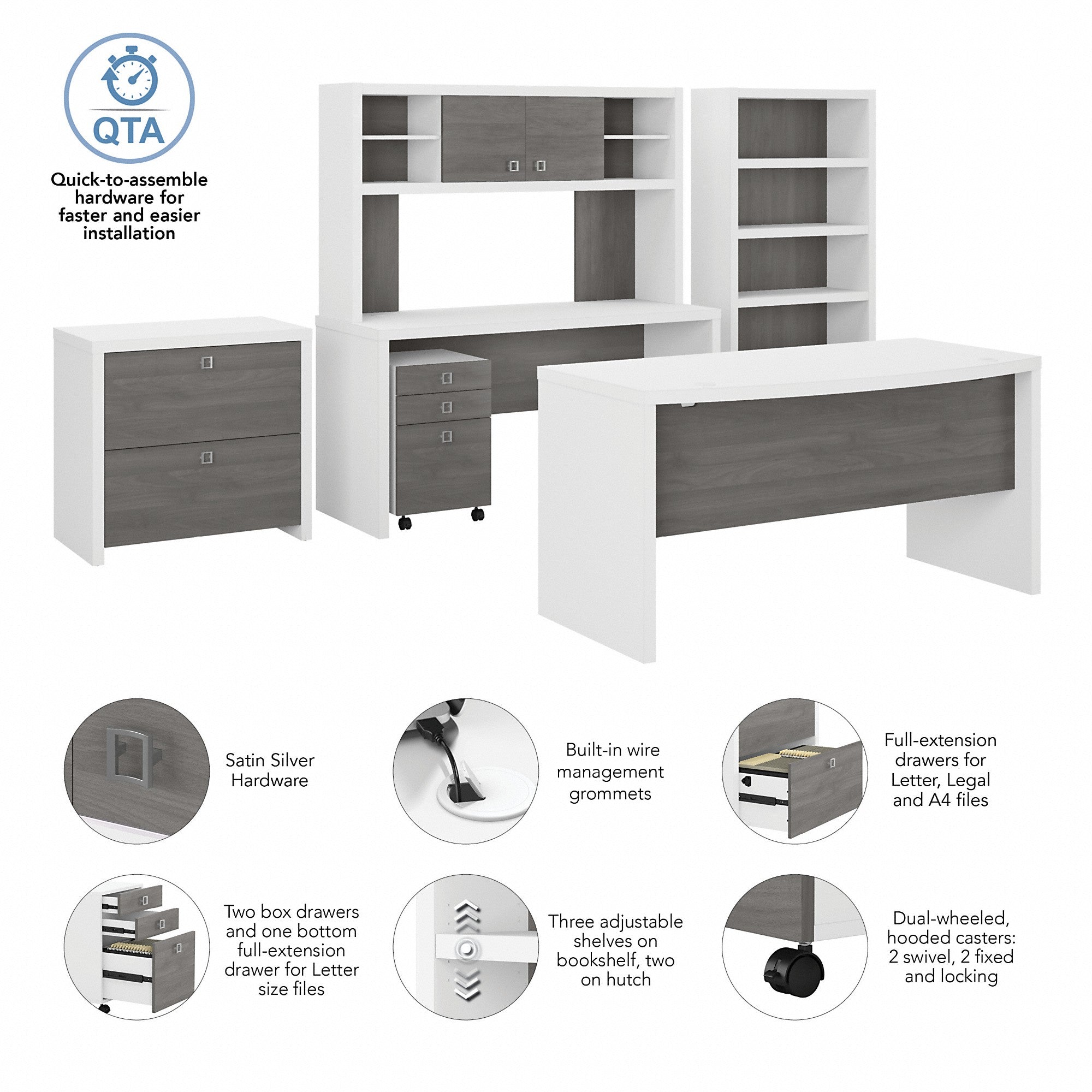 Office by kathy ireland® Echo Bow Front Desk, Credenza with Hutch, Bookcase and File Cabinets