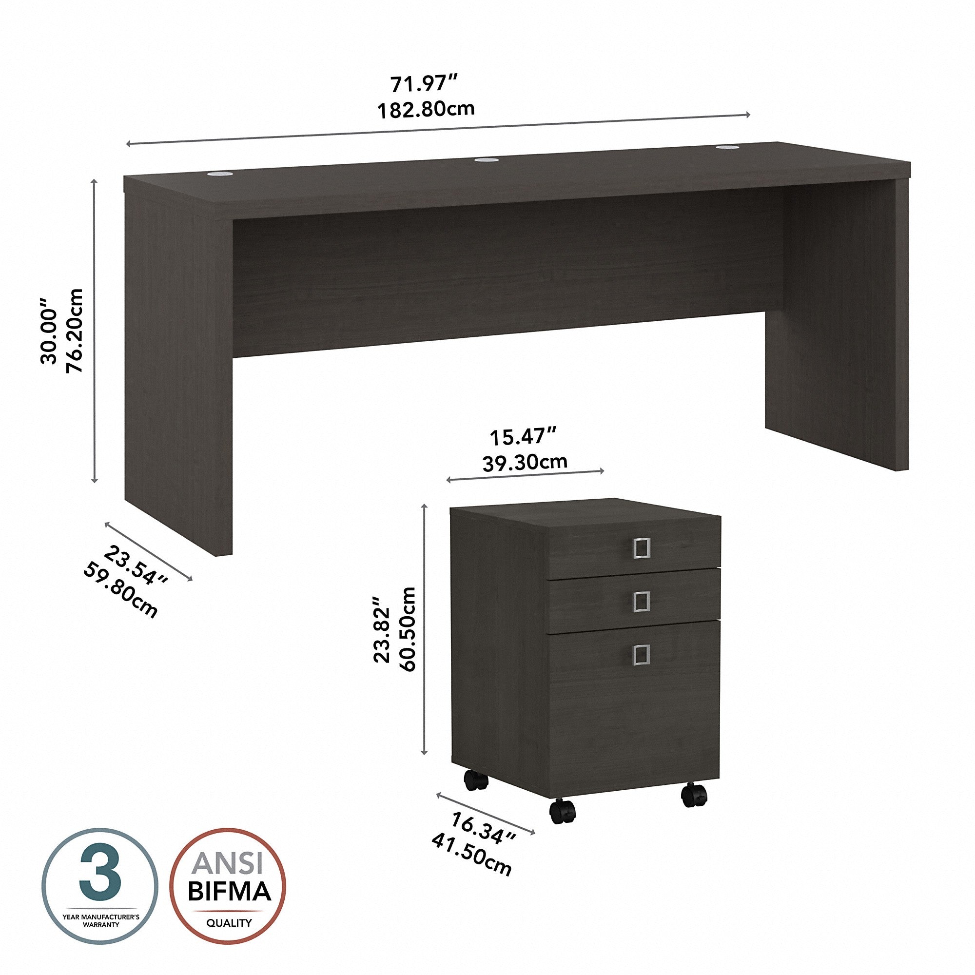 Office by kathy ireland® Echo 72W Computer Desk with 3 Drawer Mobile File Cabinet