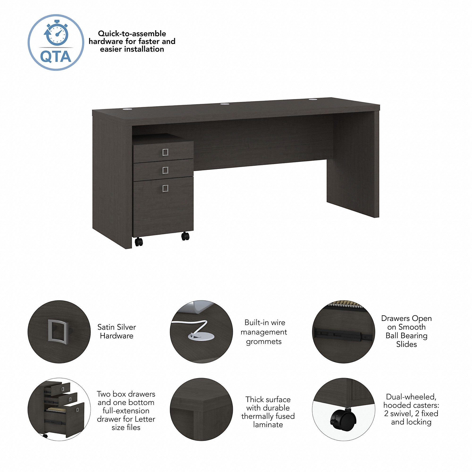 Office by kathy ireland® Echo 72W Computer Desk with 3 Drawer Mobile File Cabinet