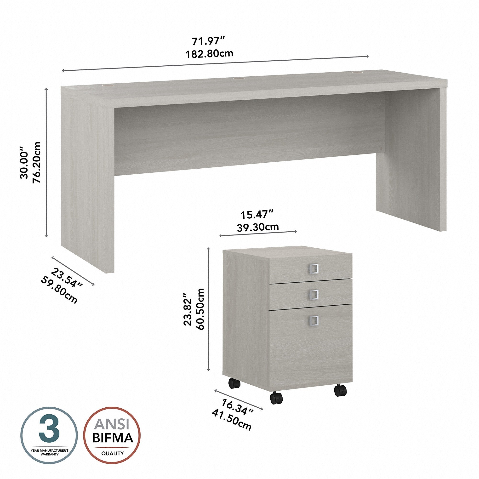 Office by kathy ireland® Echo 72W Computer Desk with 3 Drawer Mobile File Cabinet