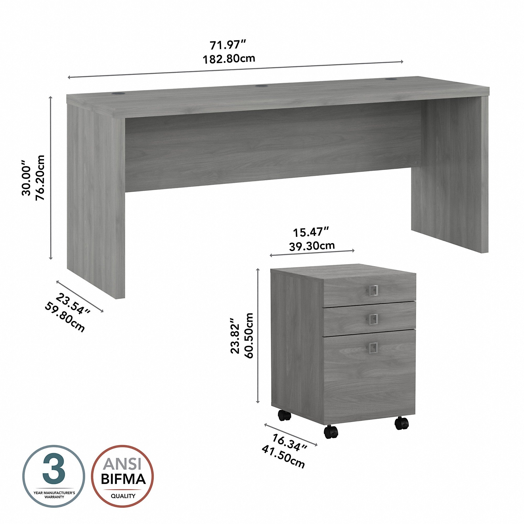 Office by kathy ireland® Echo 72W Computer Desk with 3 Drawer Mobile File Cabinet