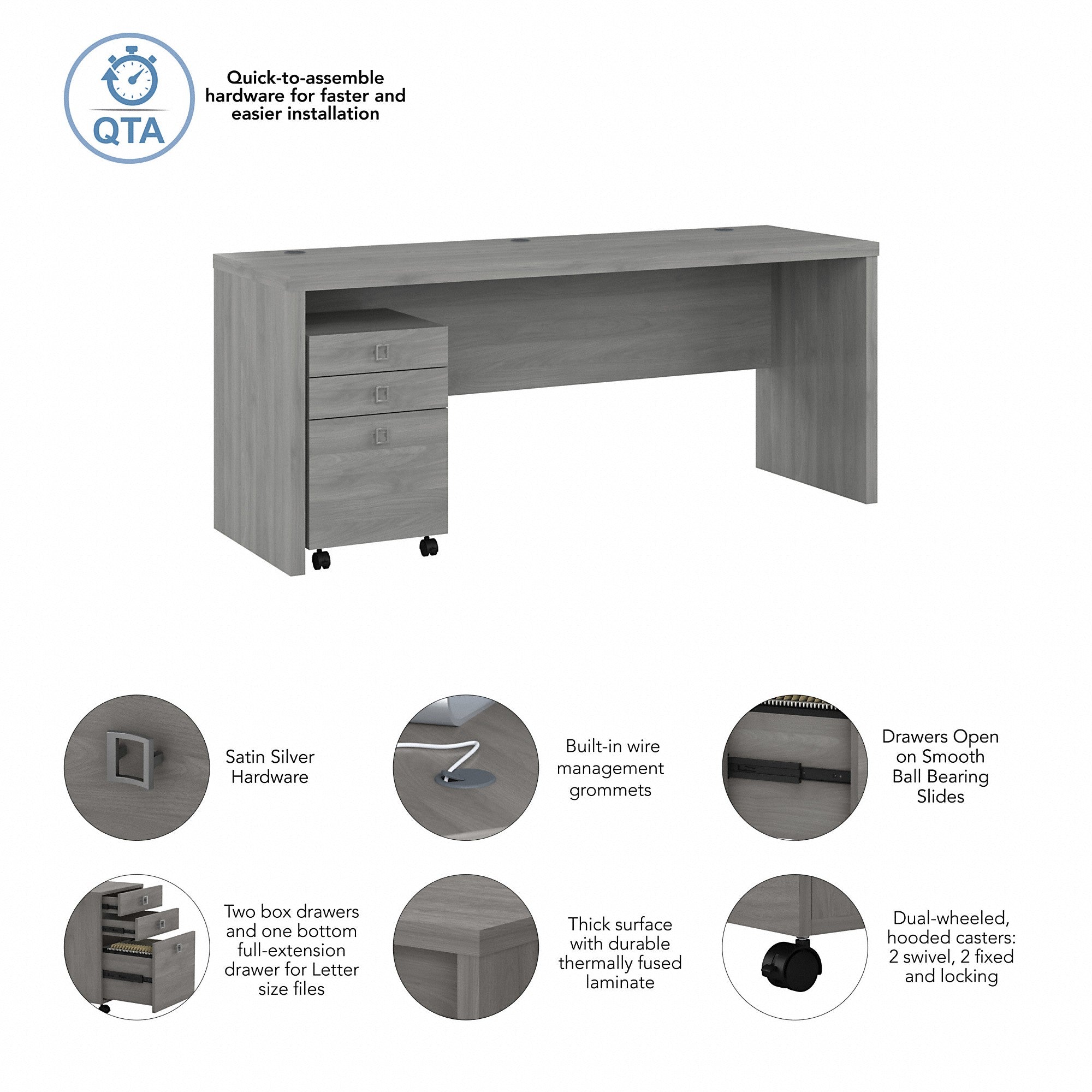 Office by kathy ireland® Echo 72W Computer Desk with 3 Drawer Mobile File Cabinet