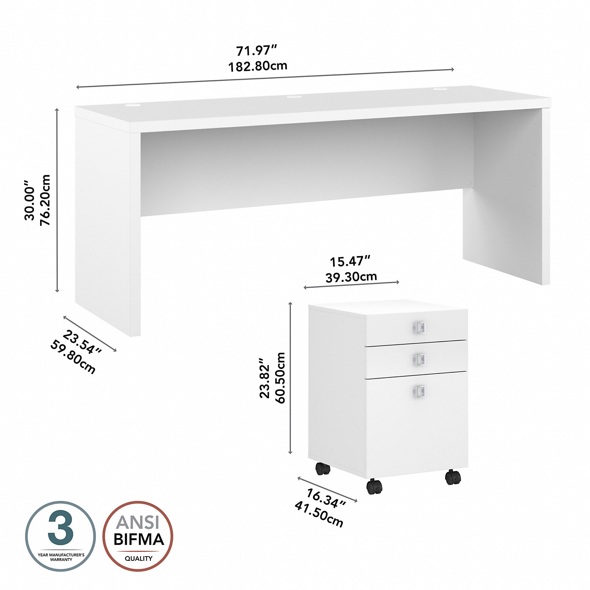 Office by kathy ireland® Echo 72W Computer Desk with 3 Drawer Mobile File Cabinet