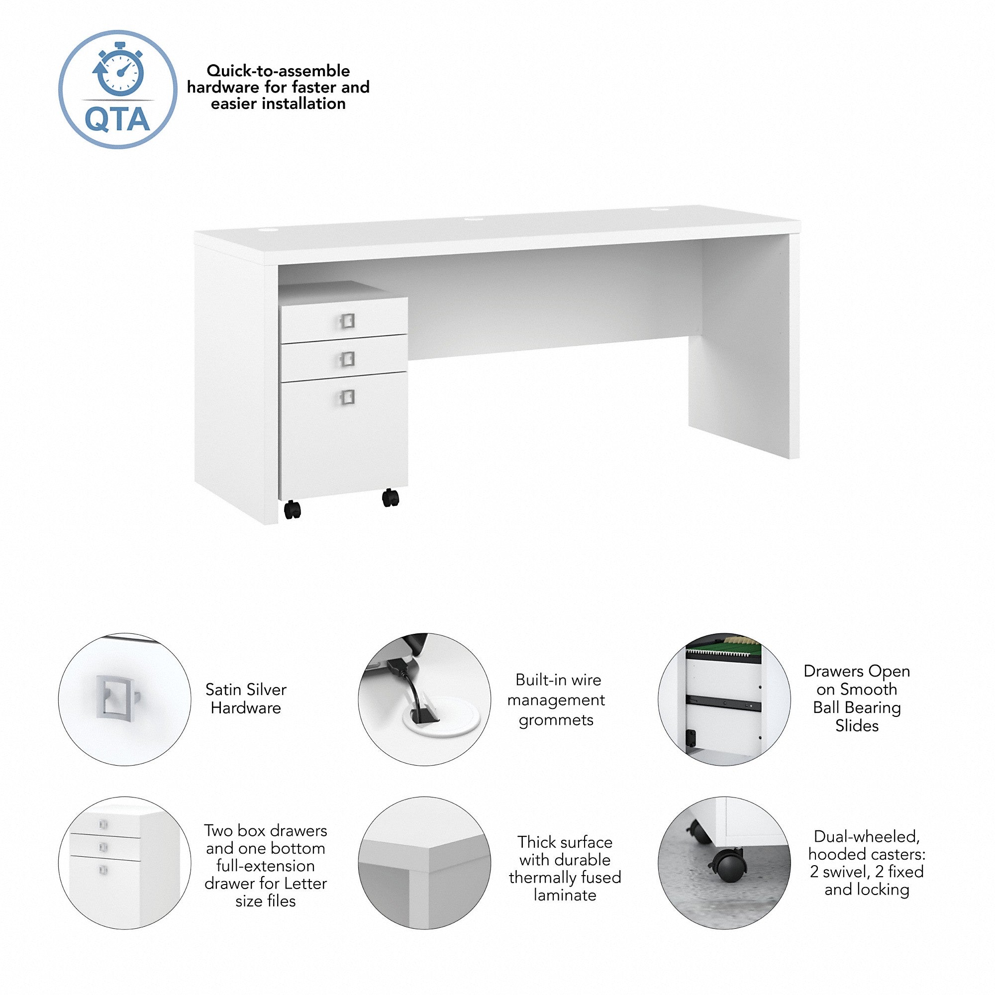 Office by kathy ireland® Echo 72W Computer Desk with 3 Drawer Mobile File Cabinet