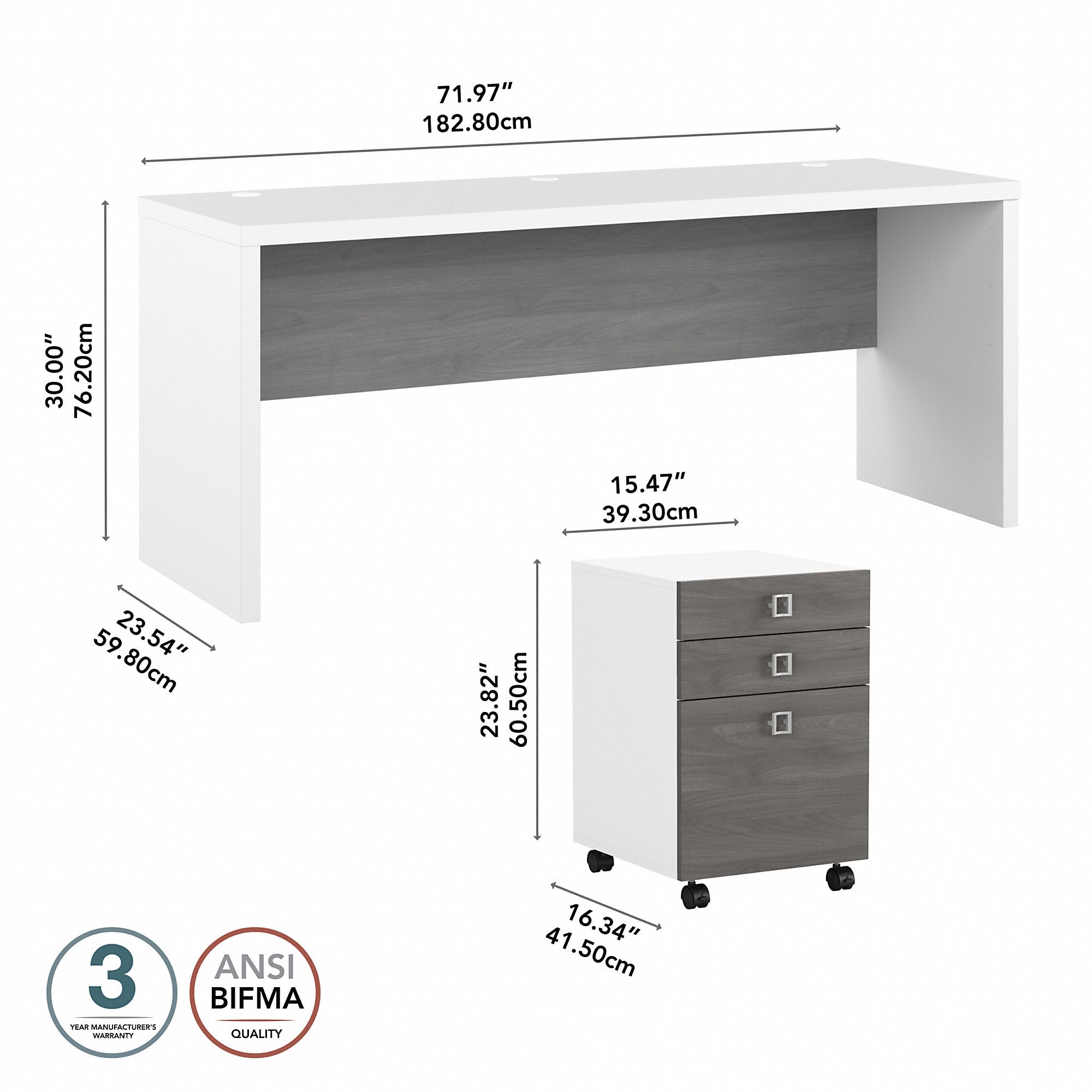 Office by kathy ireland® Echo 72W Computer Desk with 3 Drawer Mobile File Cabinet