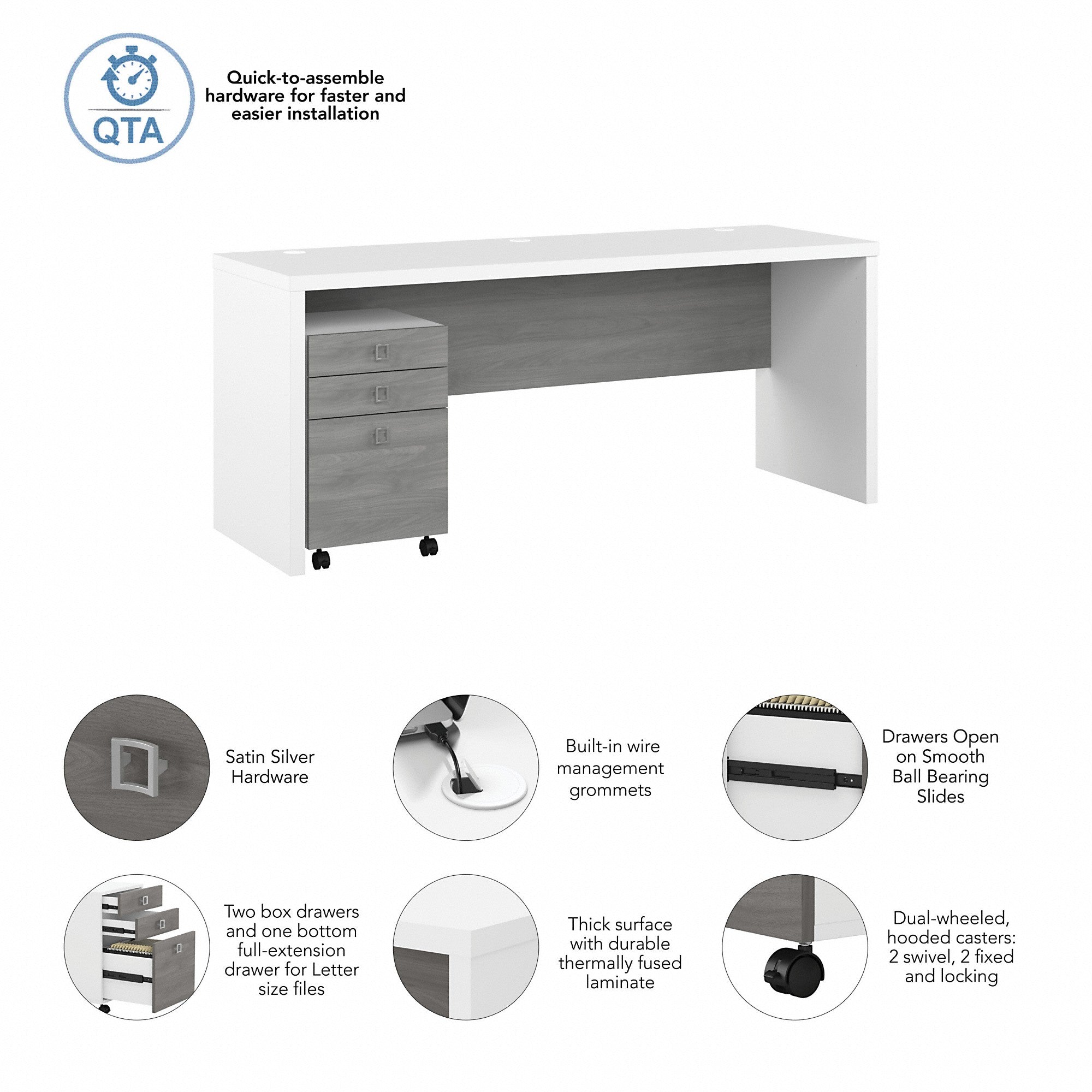 Office by kathy ireland® Echo 72W Computer Desk with 3 Drawer Mobile File Cabinet