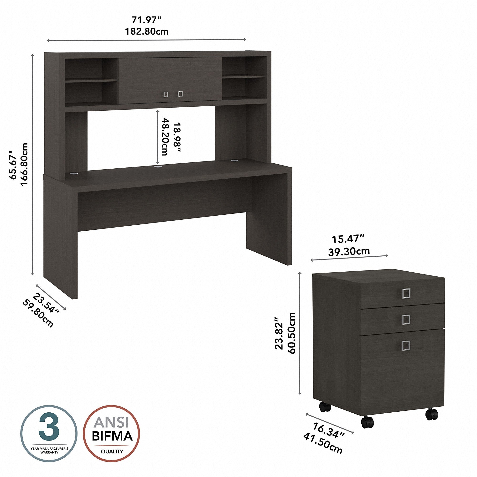 Office by kathy ireland® Echo 72W Computer Desk with Hutch and 3 Drawer Mobile File Cabinet