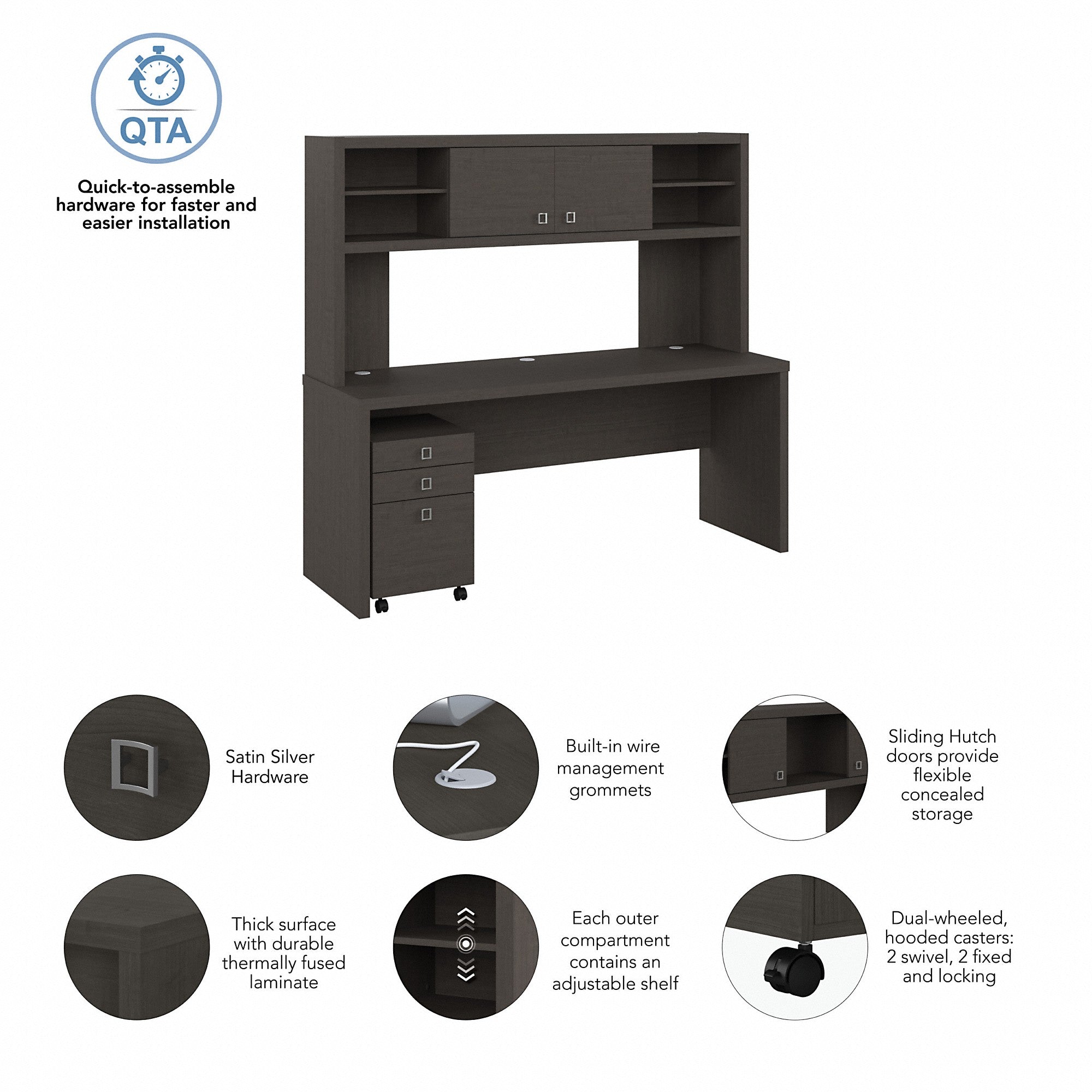 Office by kathy ireland® Echo 72W Computer Desk with Hutch and 3 Drawer Mobile File Cabinet