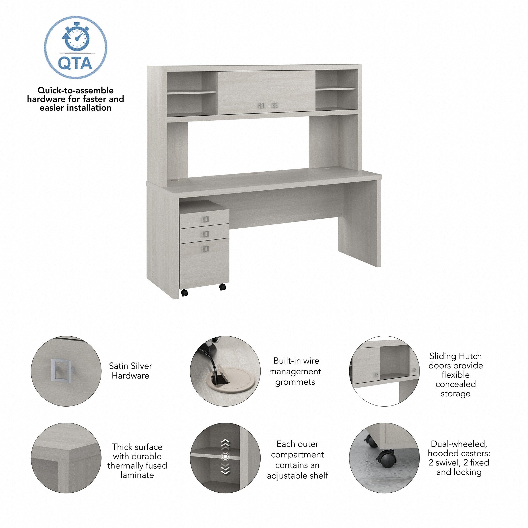 Office by kathy ireland® Echo 72W Computer Desk with Hutch and 3 Drawer Mobile File Cabinet