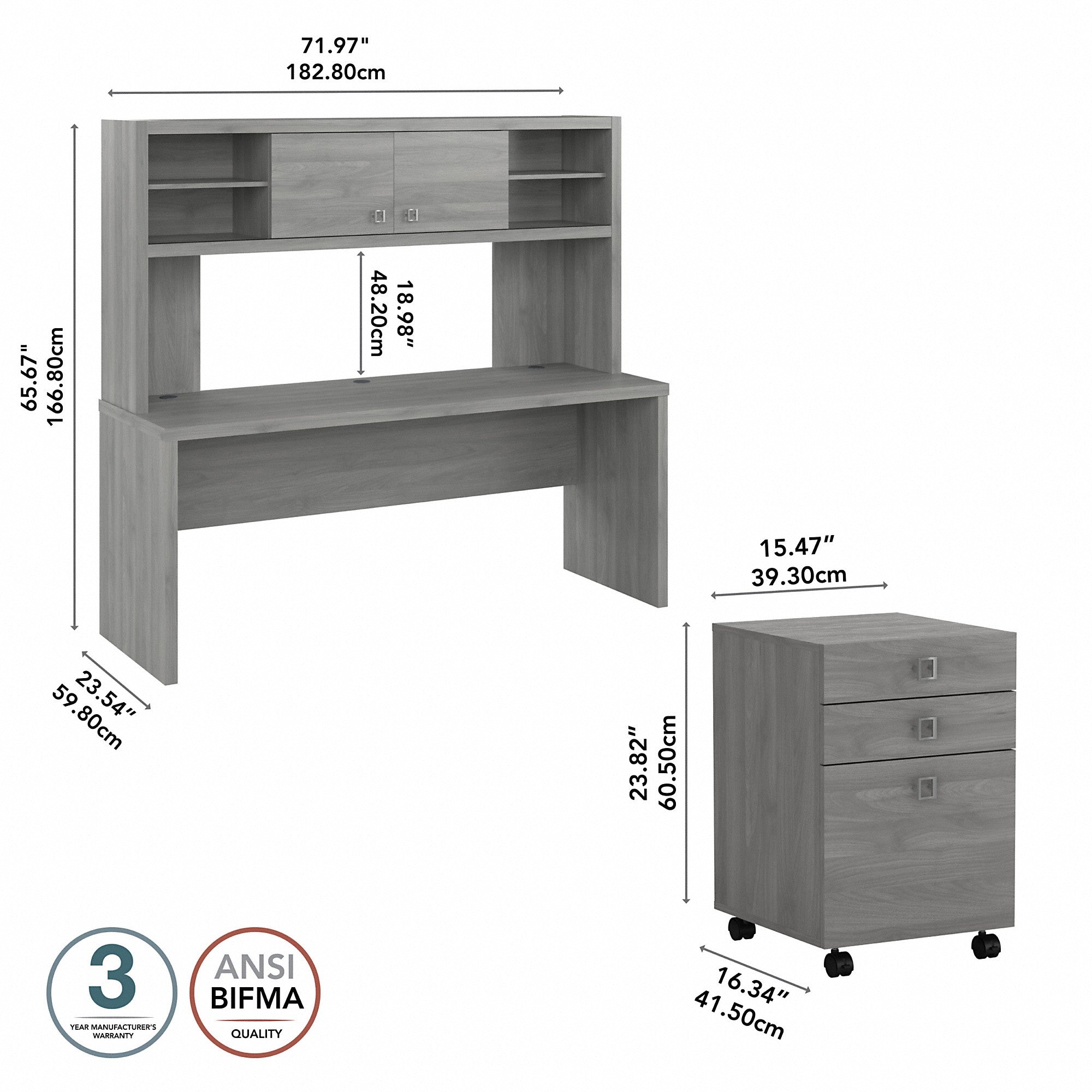 Office by kathy ireland® Echo 72W Computer Desk with Hutch and 3 Drawer Mobile File Cabinet