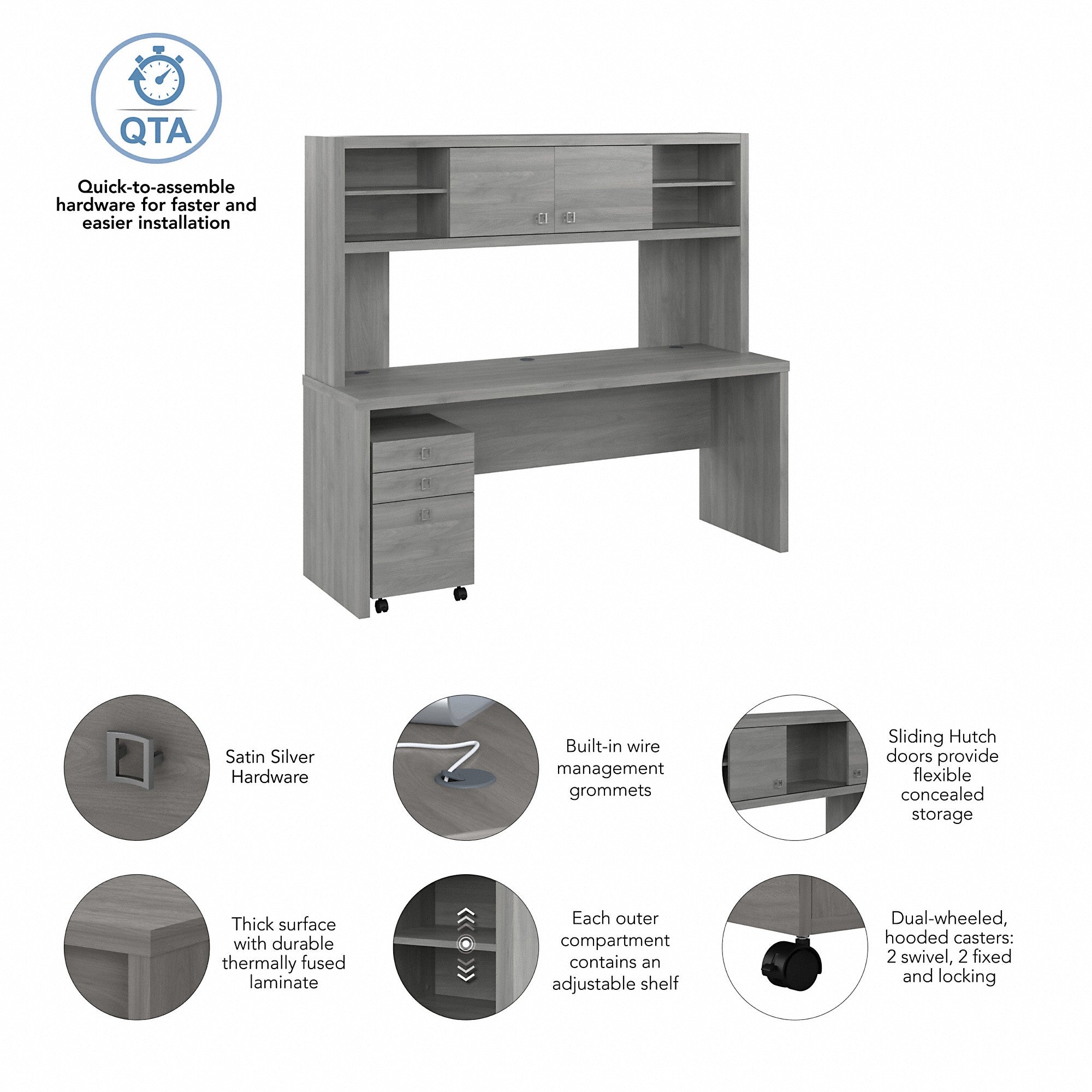 Office by kathy ireland® Echo 72W Computer Desk with Hutch and 3 Drawer Mobile File Cabinet