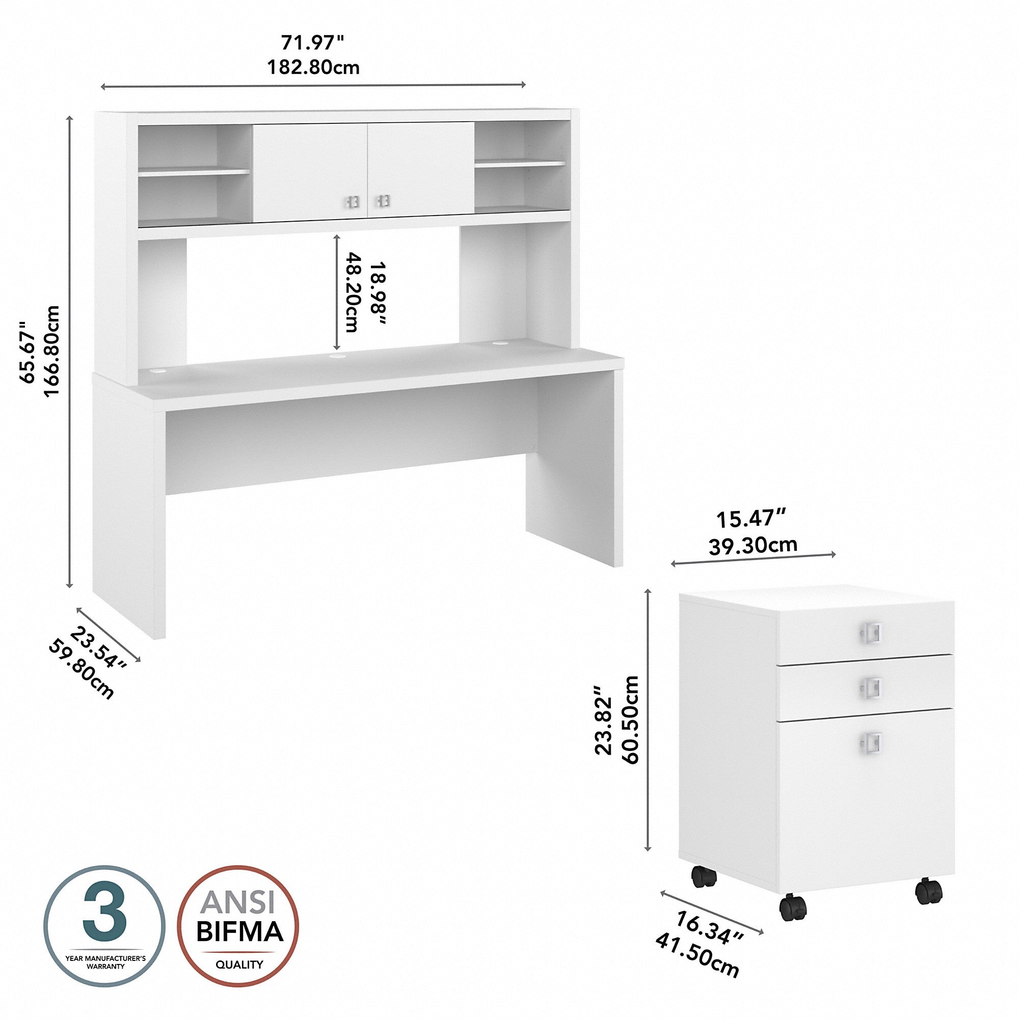 Office by kathy ireland® Echo 72W Computer Desk with Hutch and 3 Drawer Mobile File Cabinet