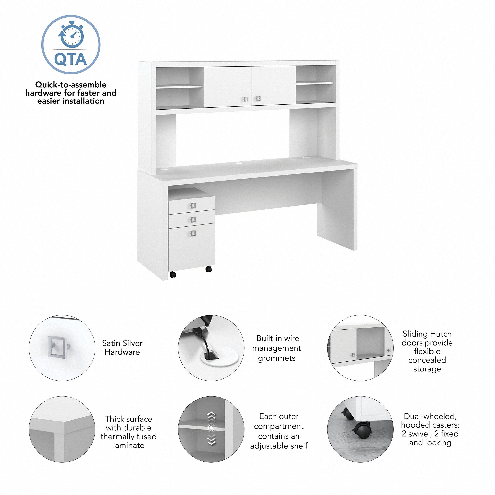 Office by kathy ireland® Echo 72W Computer Desk with Hutch and 3 Drawer Mobile File Cabinet