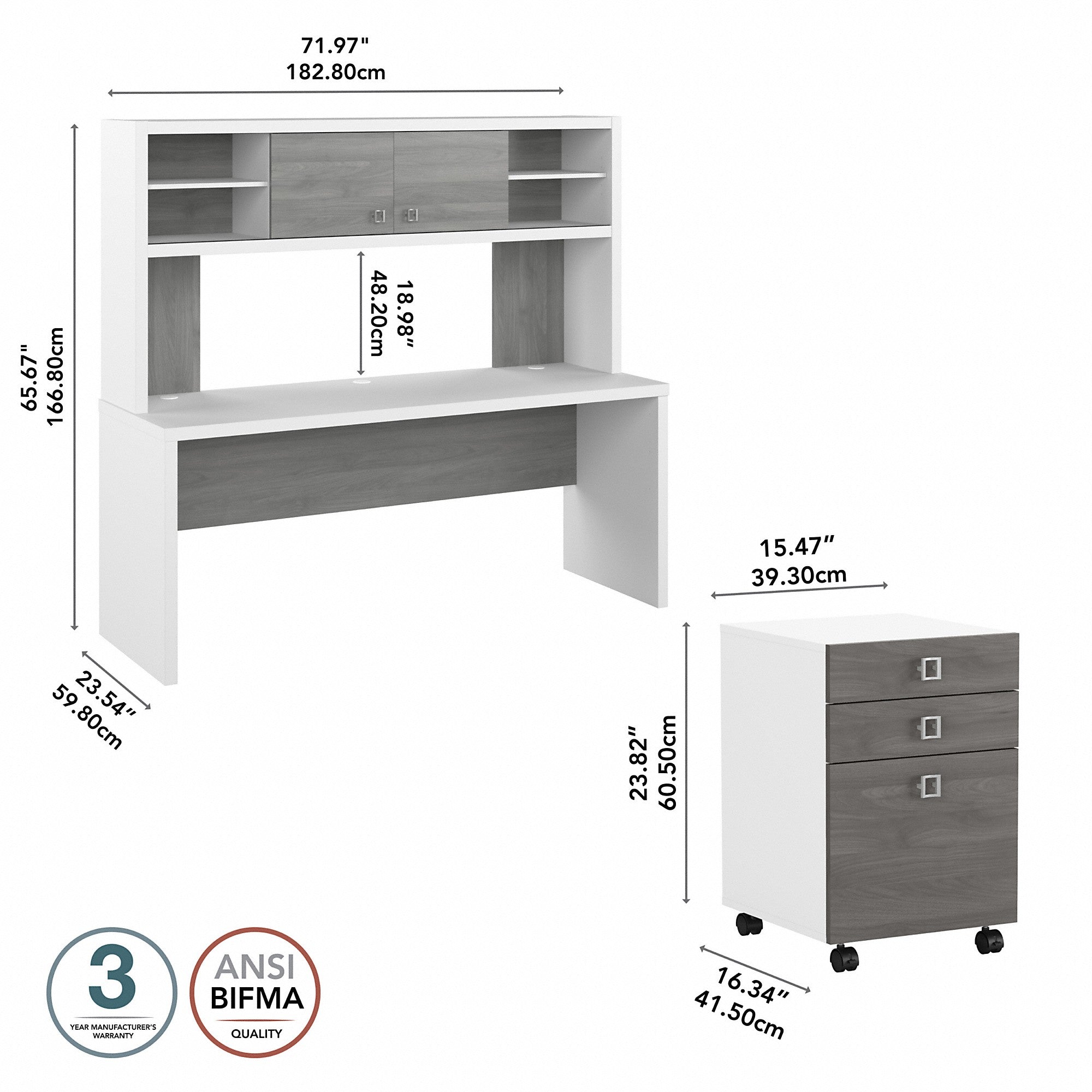 Office by kathy ireland® Echo 72W Computer Desk with Hutch and 3 Drawer Mobile File Cabinet