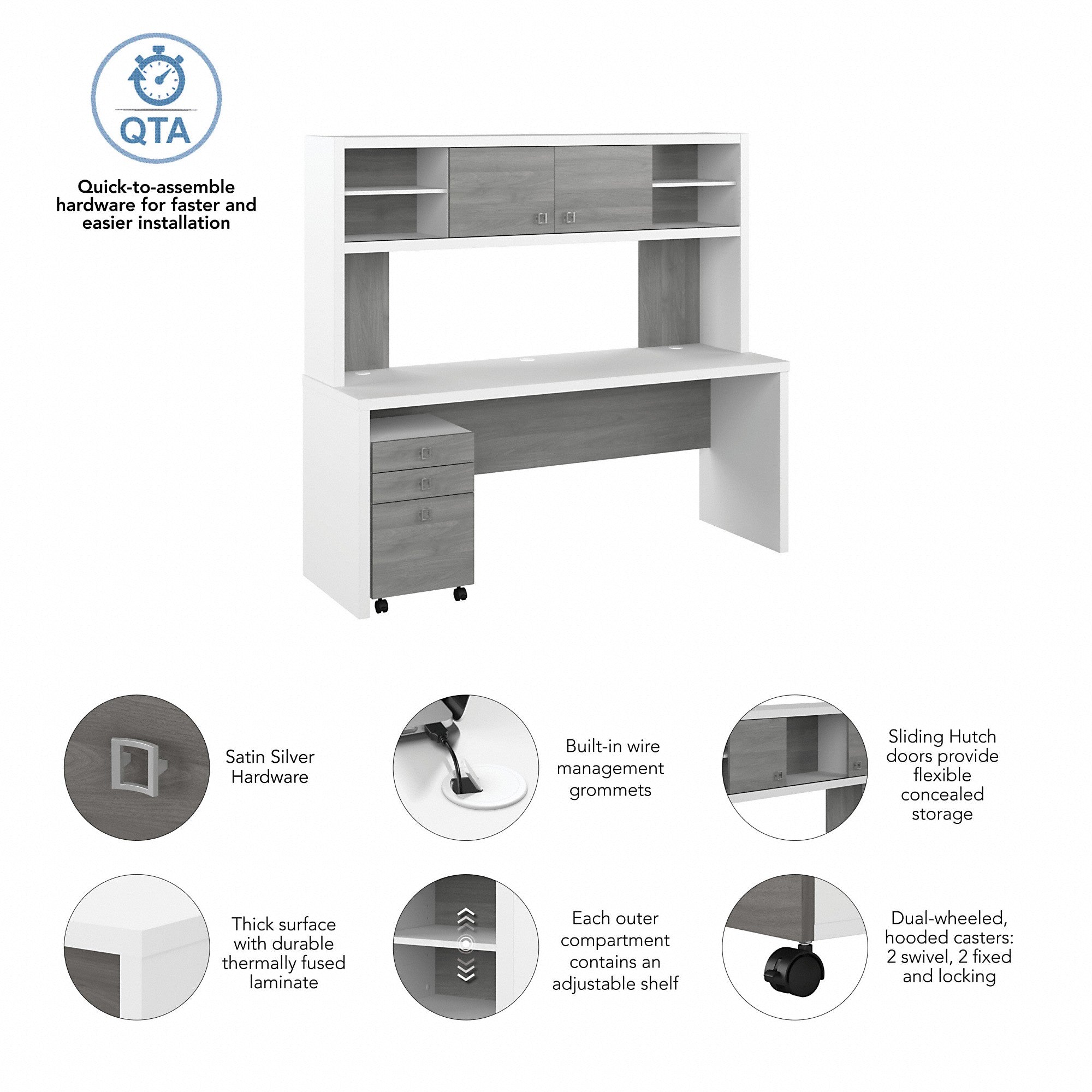 Office by kathy ireland® Echo 72W Computer Desk with Hutch and 3 Drawer Mobile File Cabinet