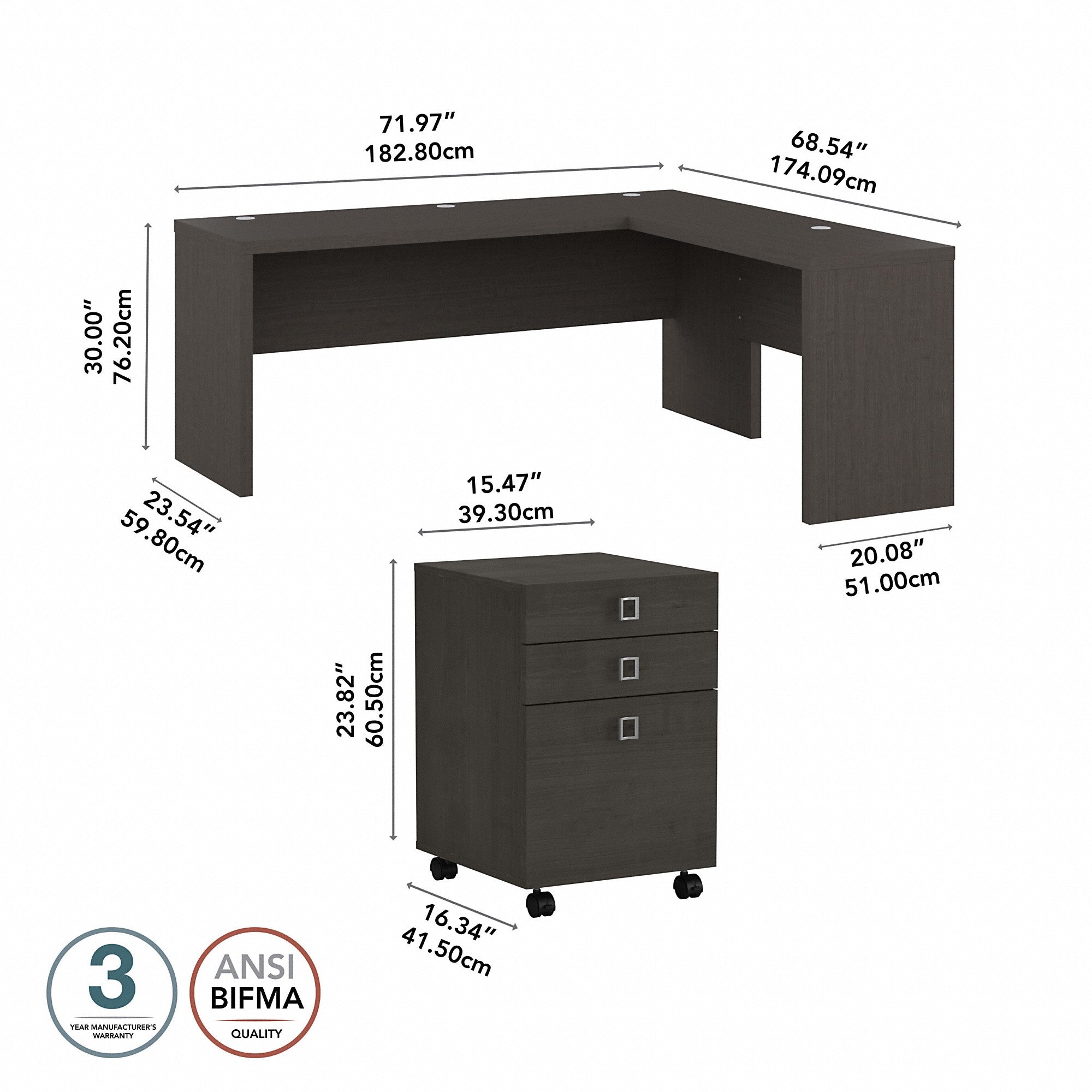 Office by kathy ireland® Echo 72W L Shaped Computer Desk with 3 Drawer Mobile File Cabinet