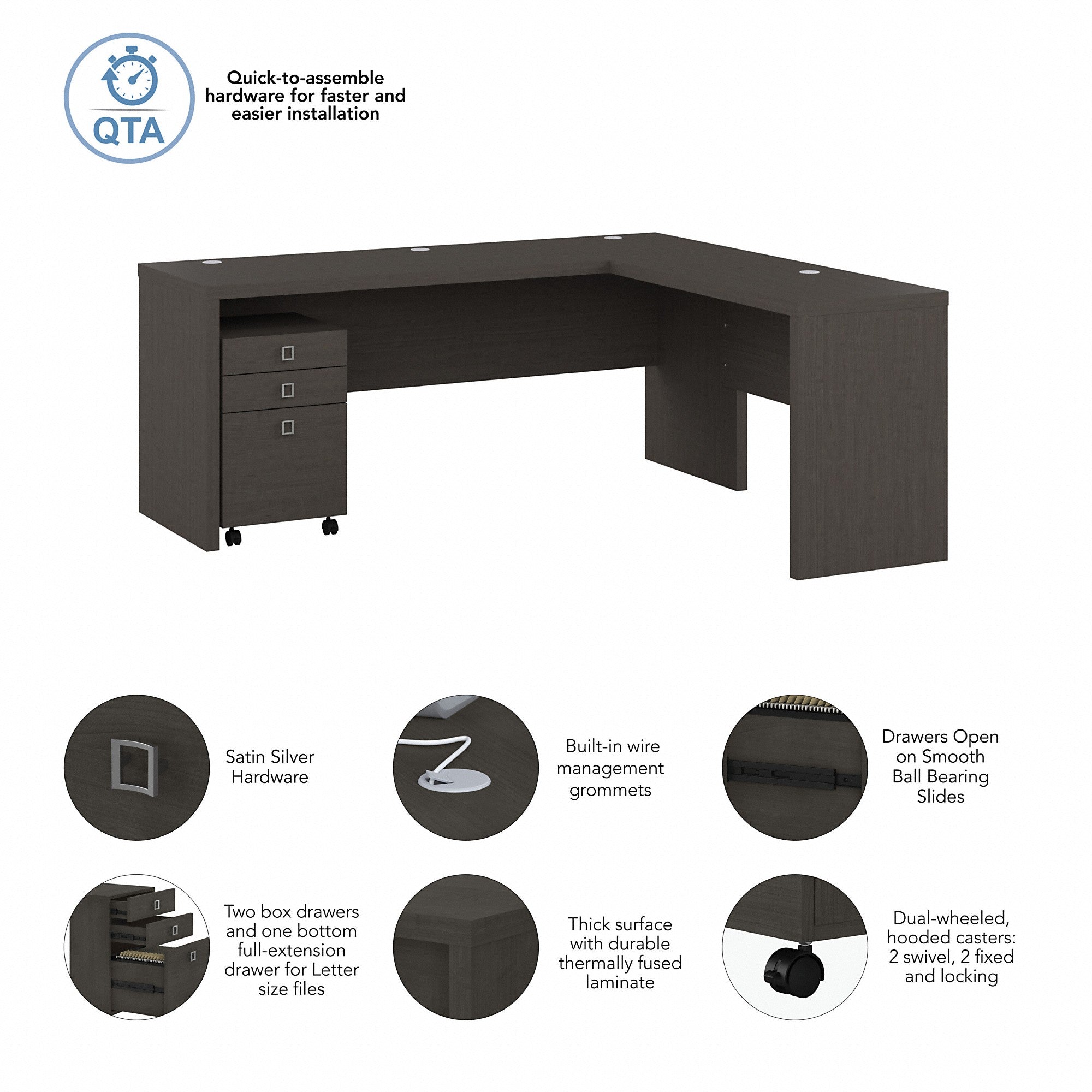 Office by kathy ireland® Echo 72W L Shaped Computer Desk with 3 Drawer Mobile File Cabinet