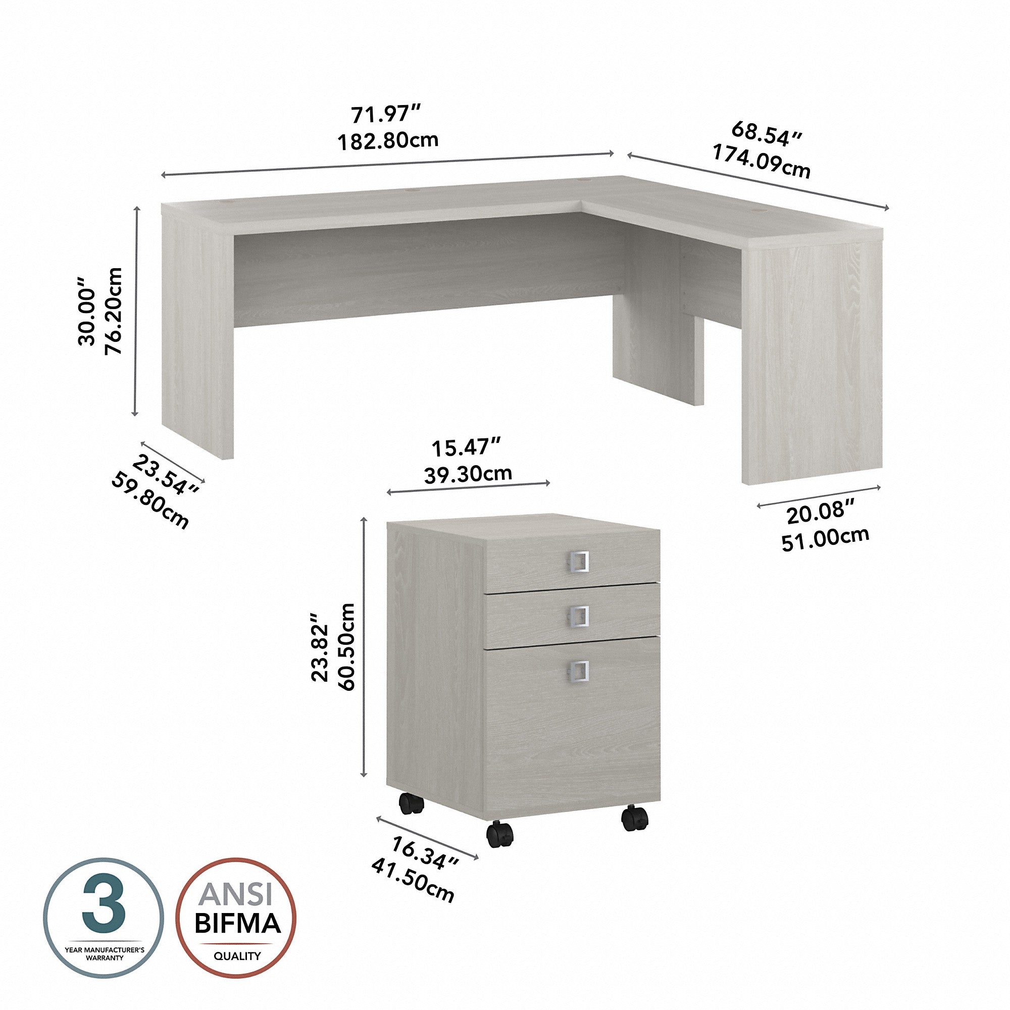 Office by kathy ireland® Echo 72W L Shaped Computer Desk with 3 Drawer Mobile File Cabinet