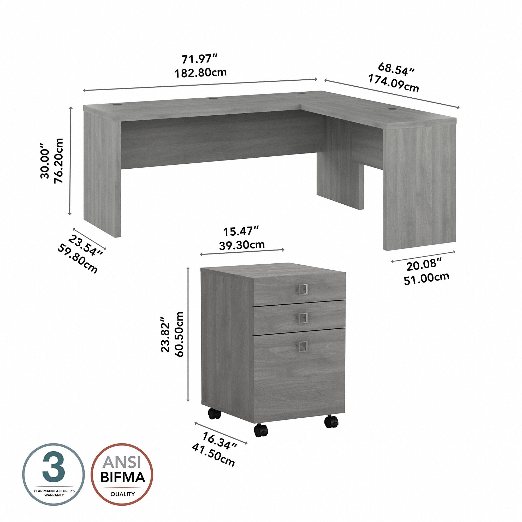 Office by kathy ireland® Echo 72W L Shaped Computer Desk with 3 Drawer Mobile File Cabinet