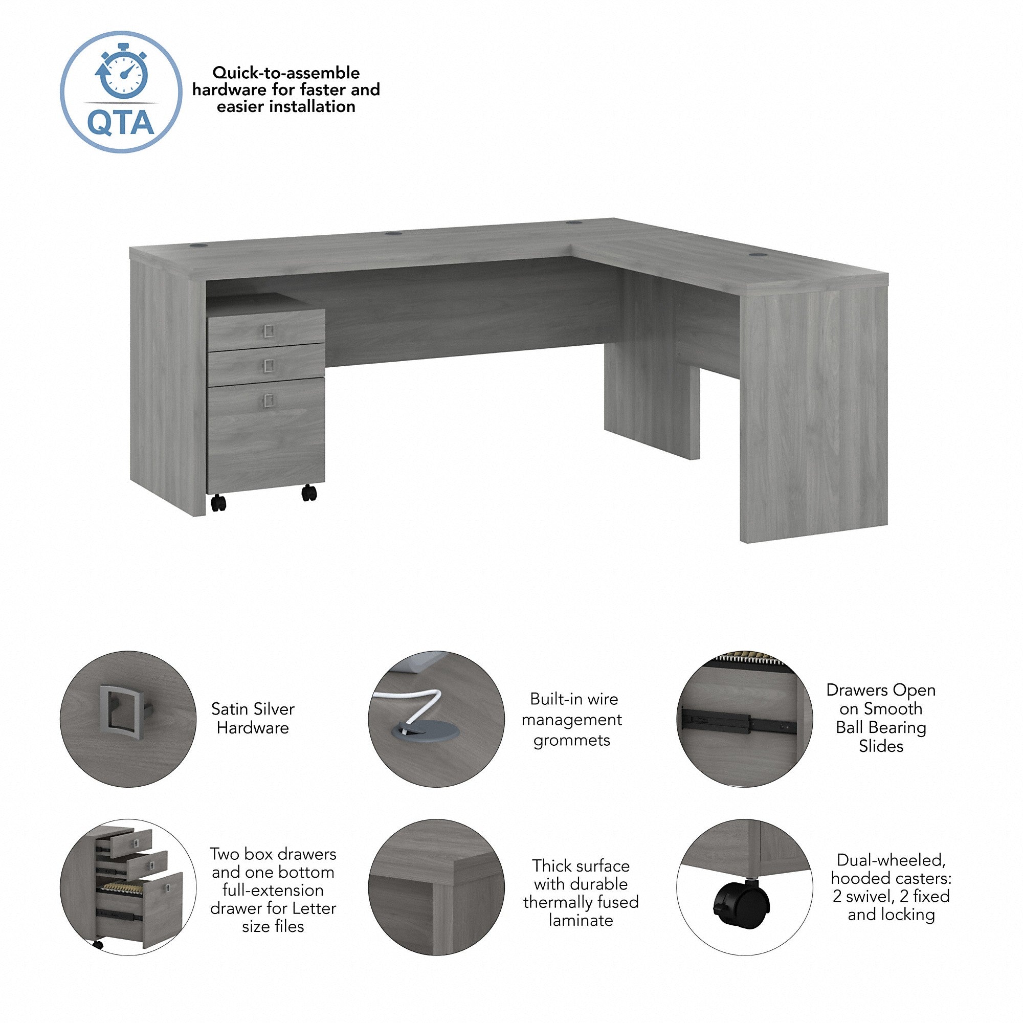 Office by kathy ireland® Echo 72W L Shaped Computer Desk with 3 Drawer Mobile File Cabinet