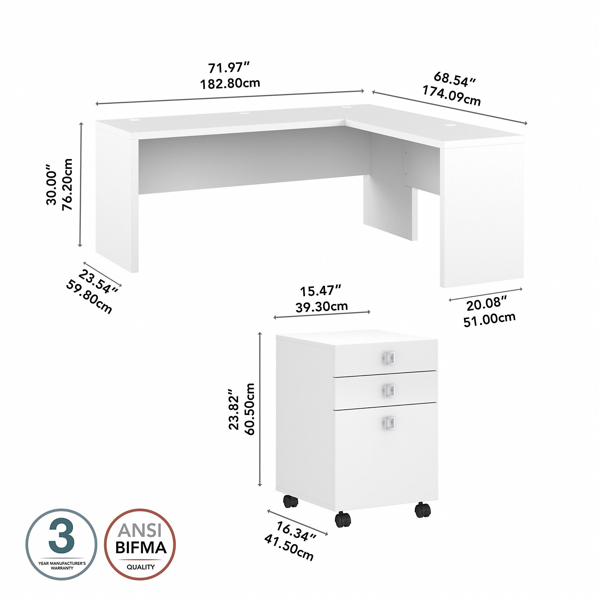 Office by kathy ireland® Echo 72W L Shaped Computer Desk with 3 Drawer Mobile File Cabinet