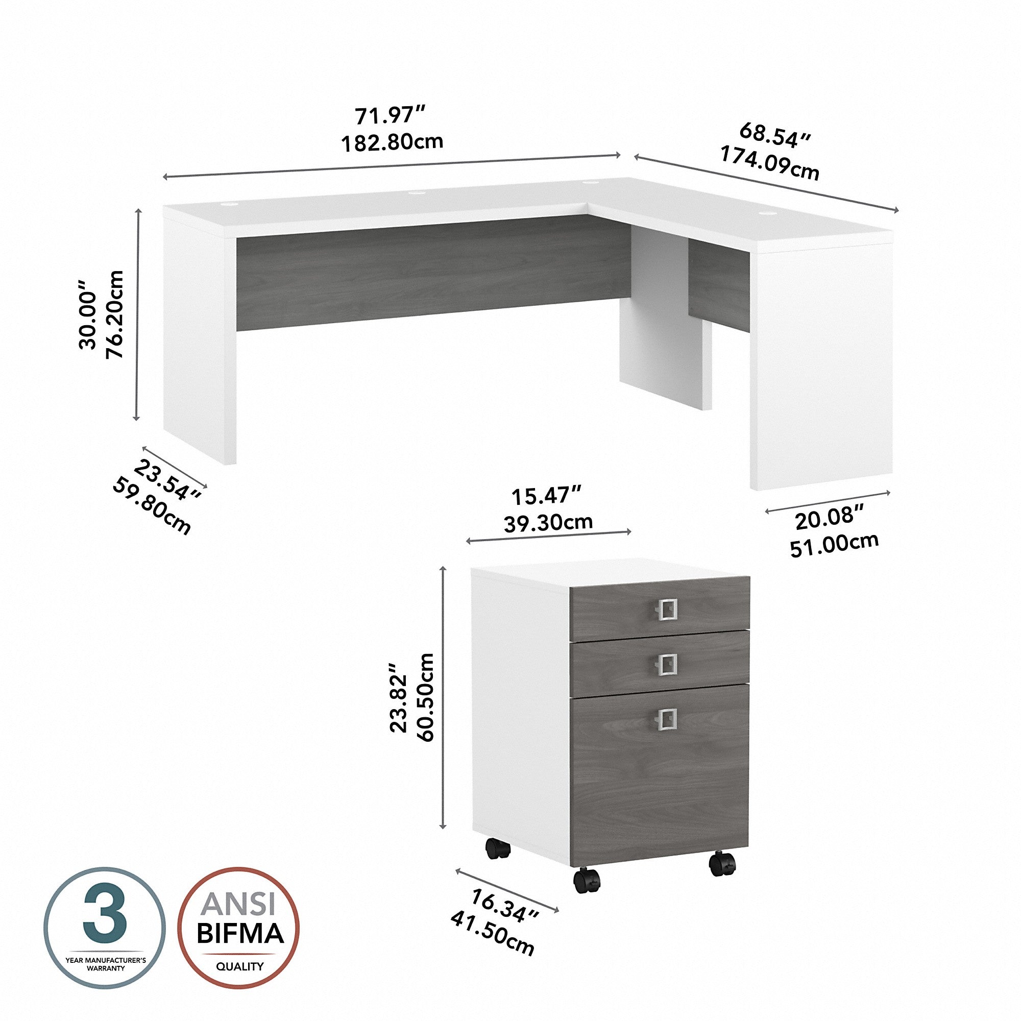 Office by kathy ireland® Echo 72W L Shaped Computer Desk with 3 Drawer Mobile File Cabinet