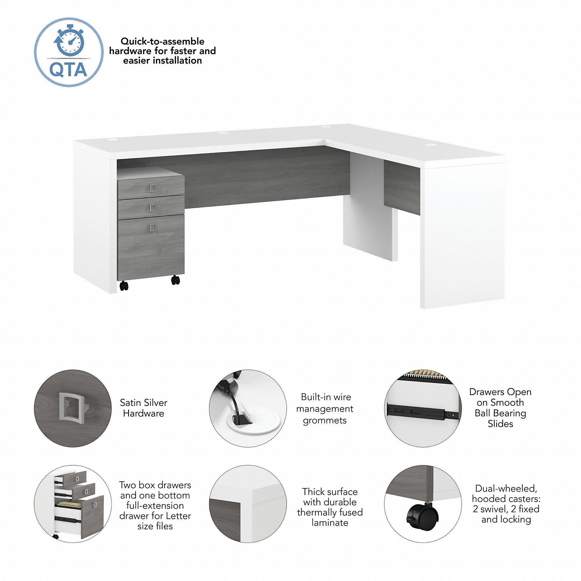 Office by kathy ireland® Echo 72W L Shaped Computer Desk with 3 Drawer Mobile File Cabinet