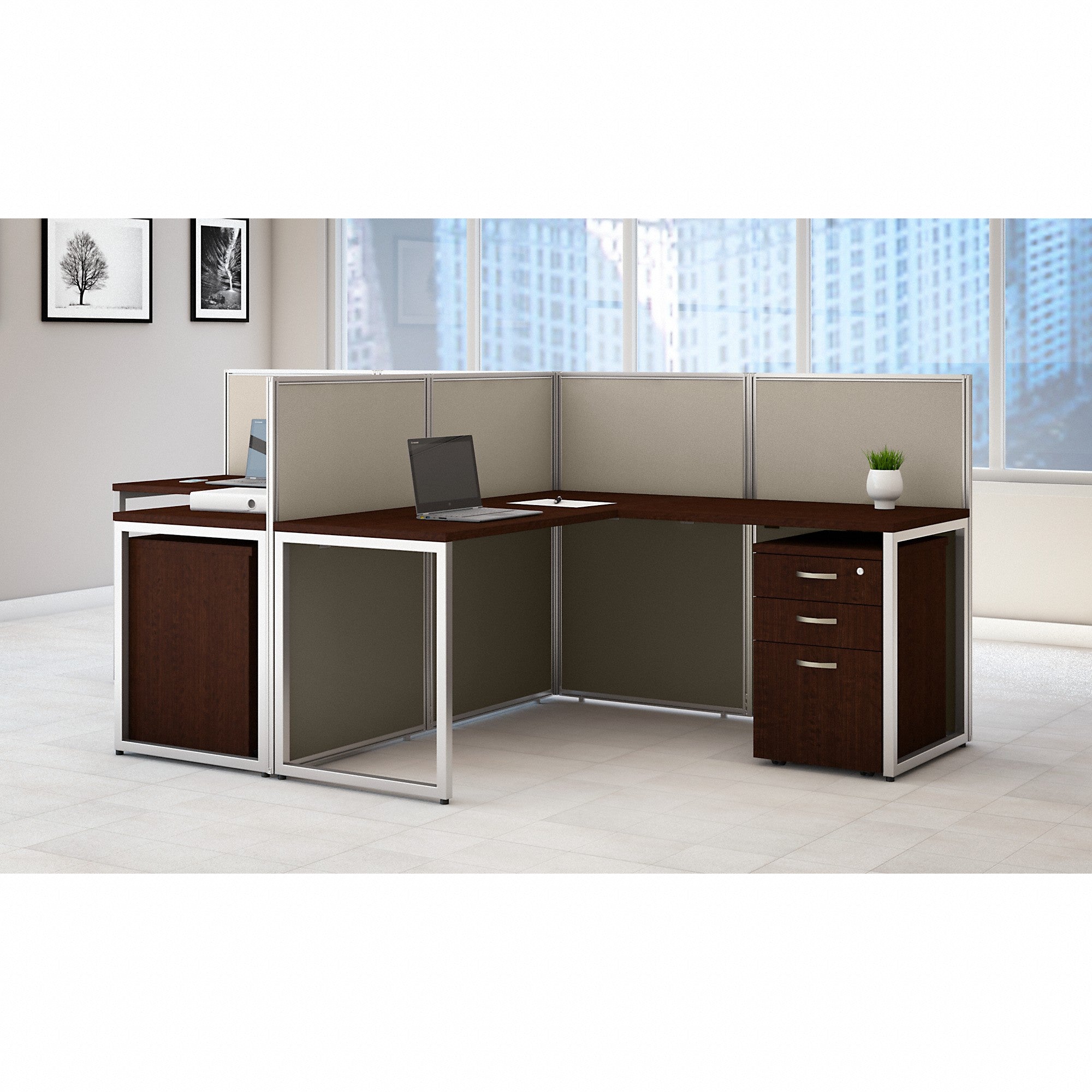 Bush Business Furniture Easy Office 60W 2 Person L Shaped Cubicle Desk with Drawers and 45H Panels