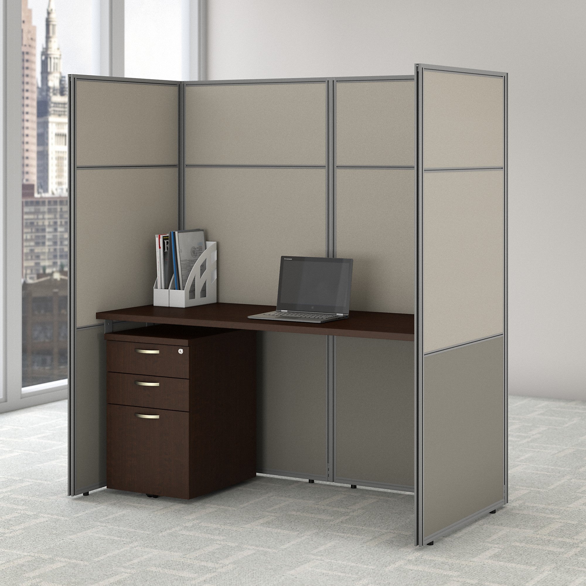 Bush Business Furniture Easy Office 60W Cubicle Desk with File Cabinet and 66H Closed Panels Workstation