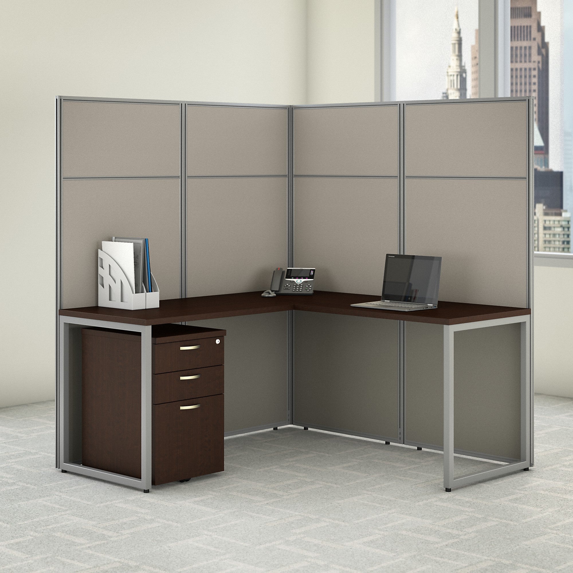 Bush Business Furniture Easy Office 60W L Shaped Cubicle Desk with File Cabinet and 66H Panels