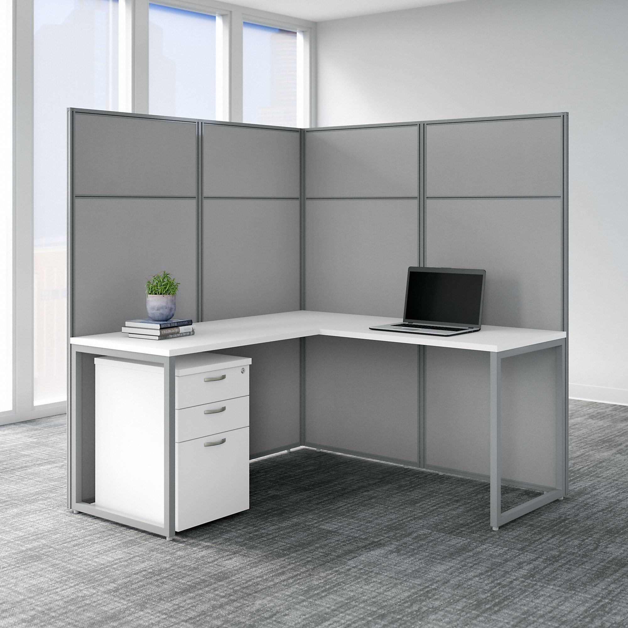 Bush Business Furniture Easy Office 60W L Shaped Cubicle Desk with File Cabinet and 66H Panels