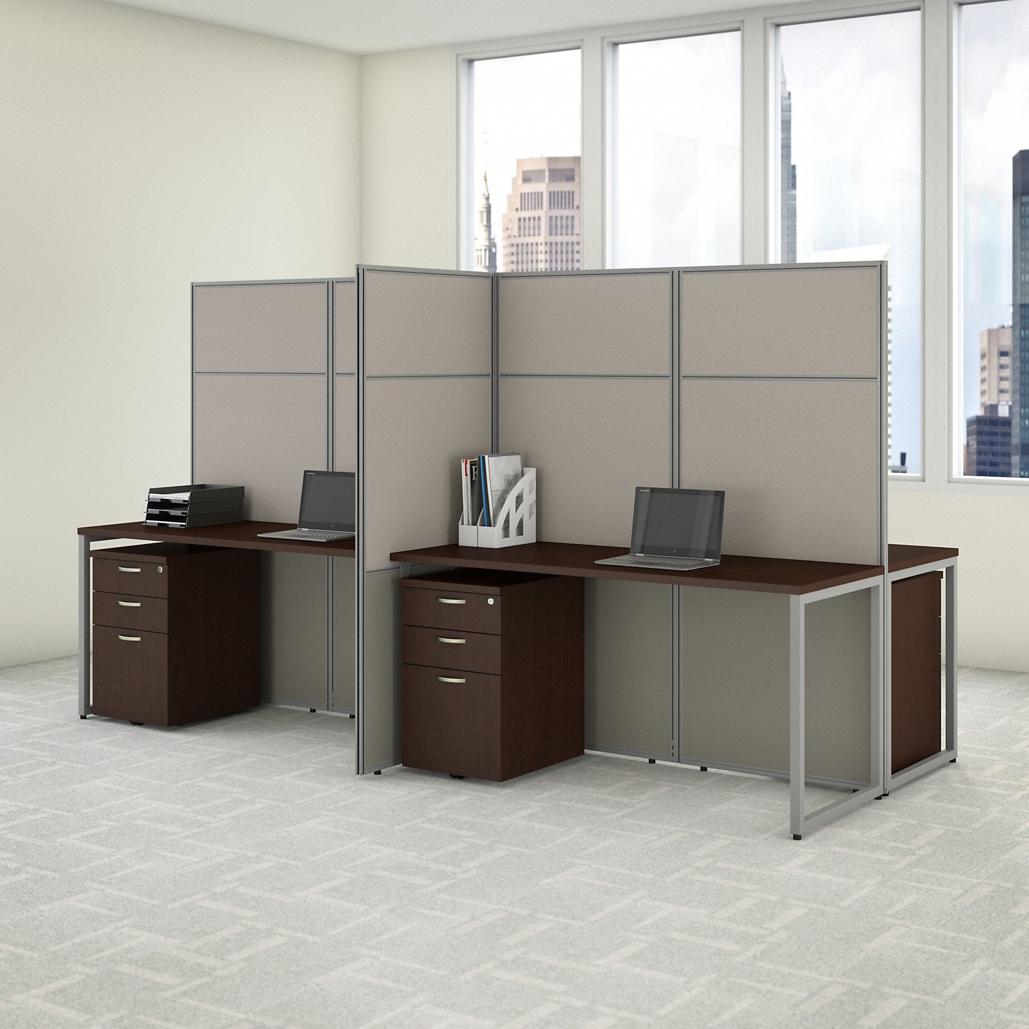 Bush Business Furniture Easy Office 60W 4 Person Cubicle Desk with File Cabinets and 66H Panels