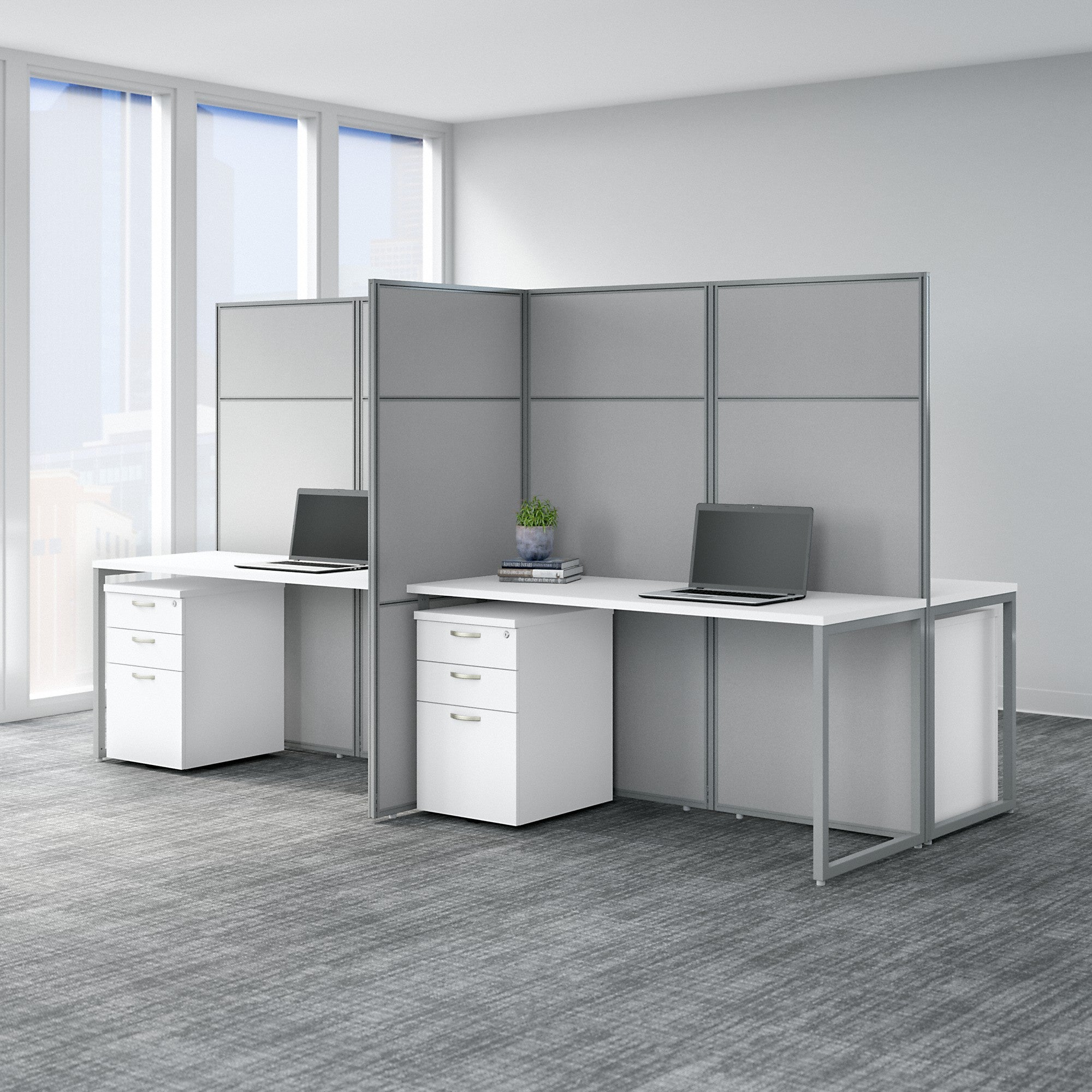 Bush Business Furniture Easy Office 60W 4 Person Cubicle Desk with File Cabinets and 66H Panels