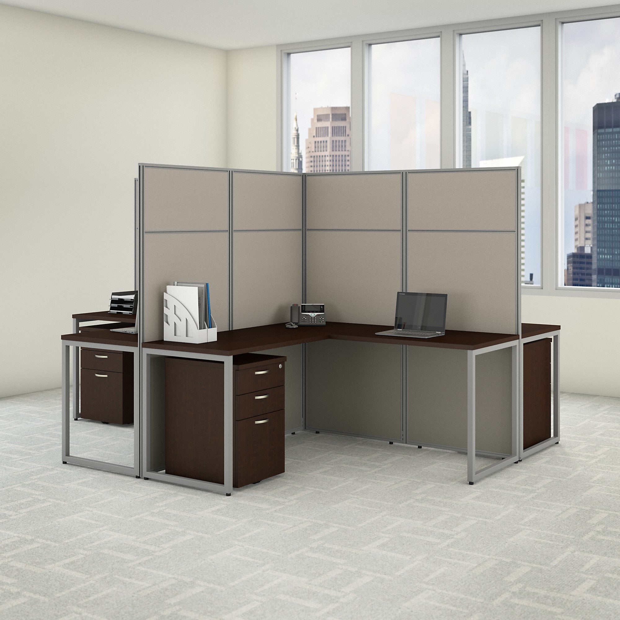 Bush Business Furniture Easy Office 60W 4 Person L Shaped Cubicle Desk with Drawers and 66H Panels