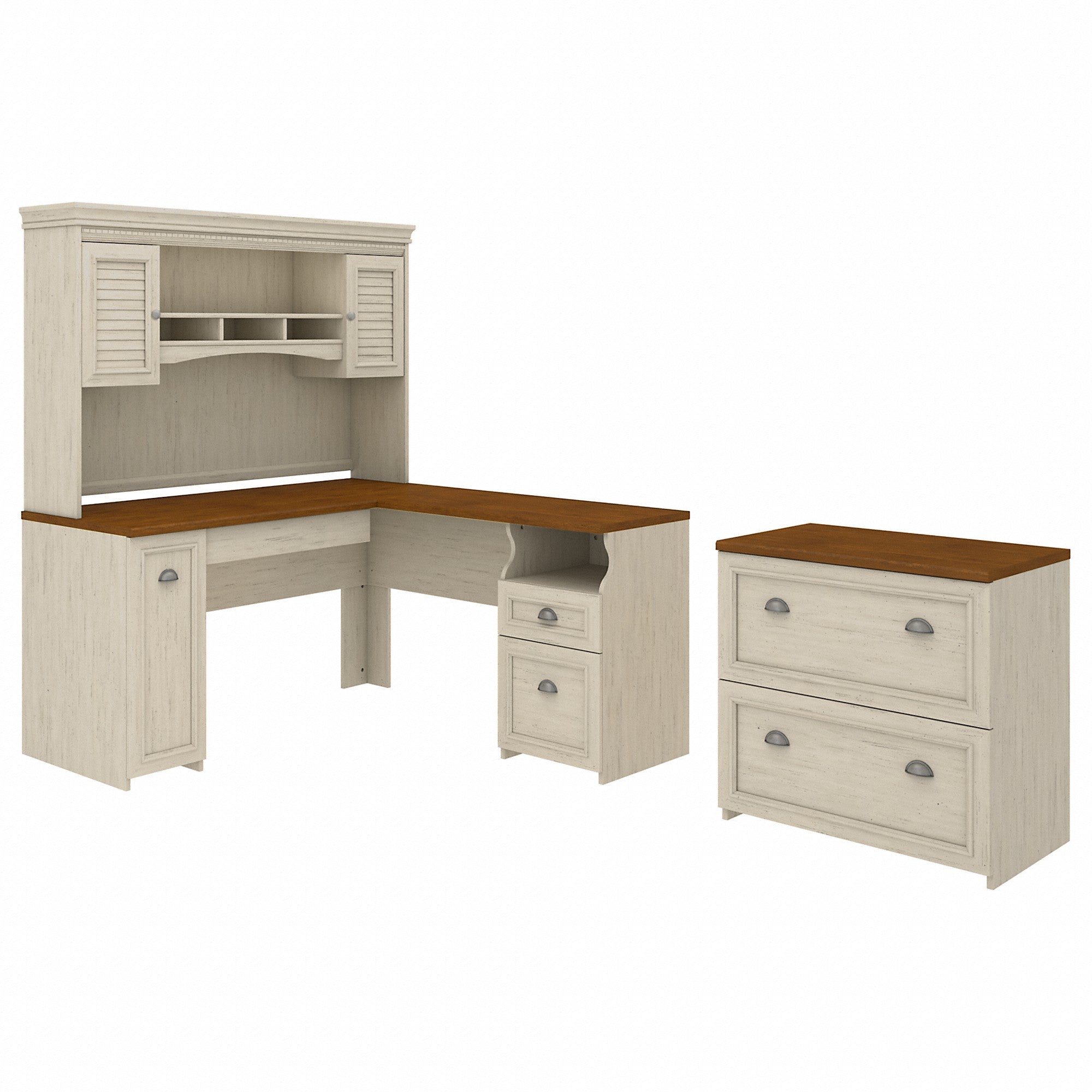 Bush Furniture Fairview 60W L Shaped Desk with Hutch and Lateral File Cabinet