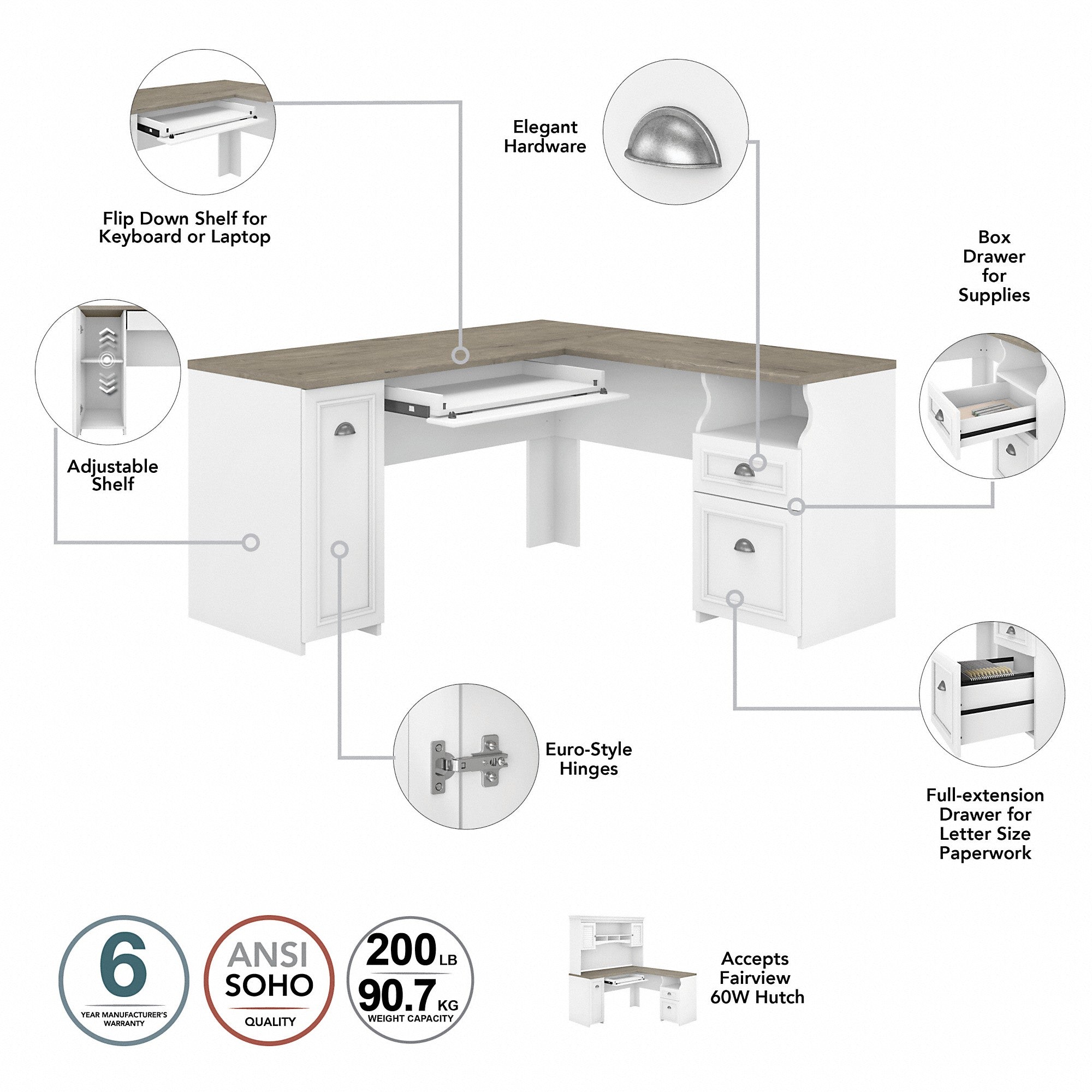 Bush Furniture Fairview 60W L Shaped Desk with Hutch and Lateral File Cabinet