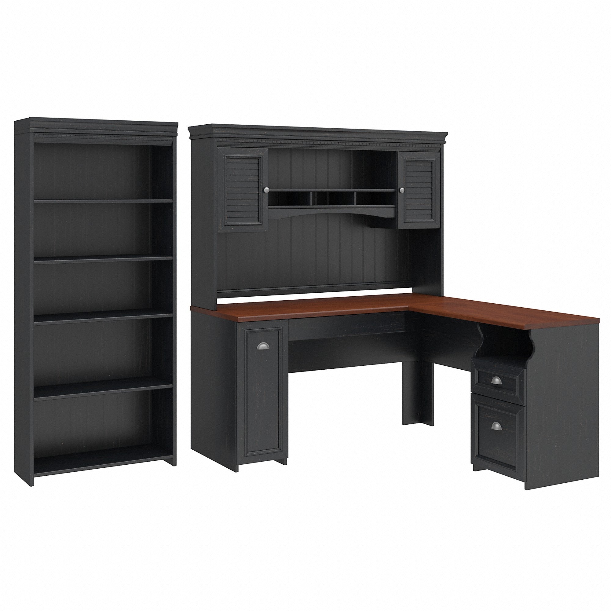 Bush Furniture Fairview 60W L Shaped Desk with Hutch and 5 Shelf Bookcase