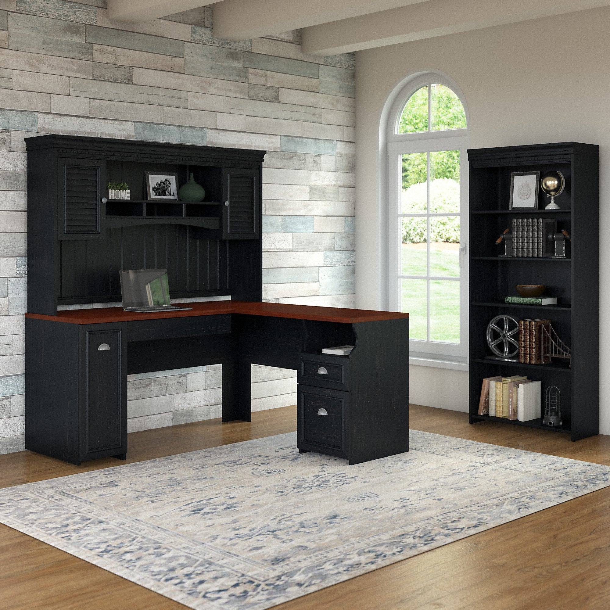 Bush Furniture Fairview 60W L Shaped Desk with Hutch and 5 Shelf Bookcase