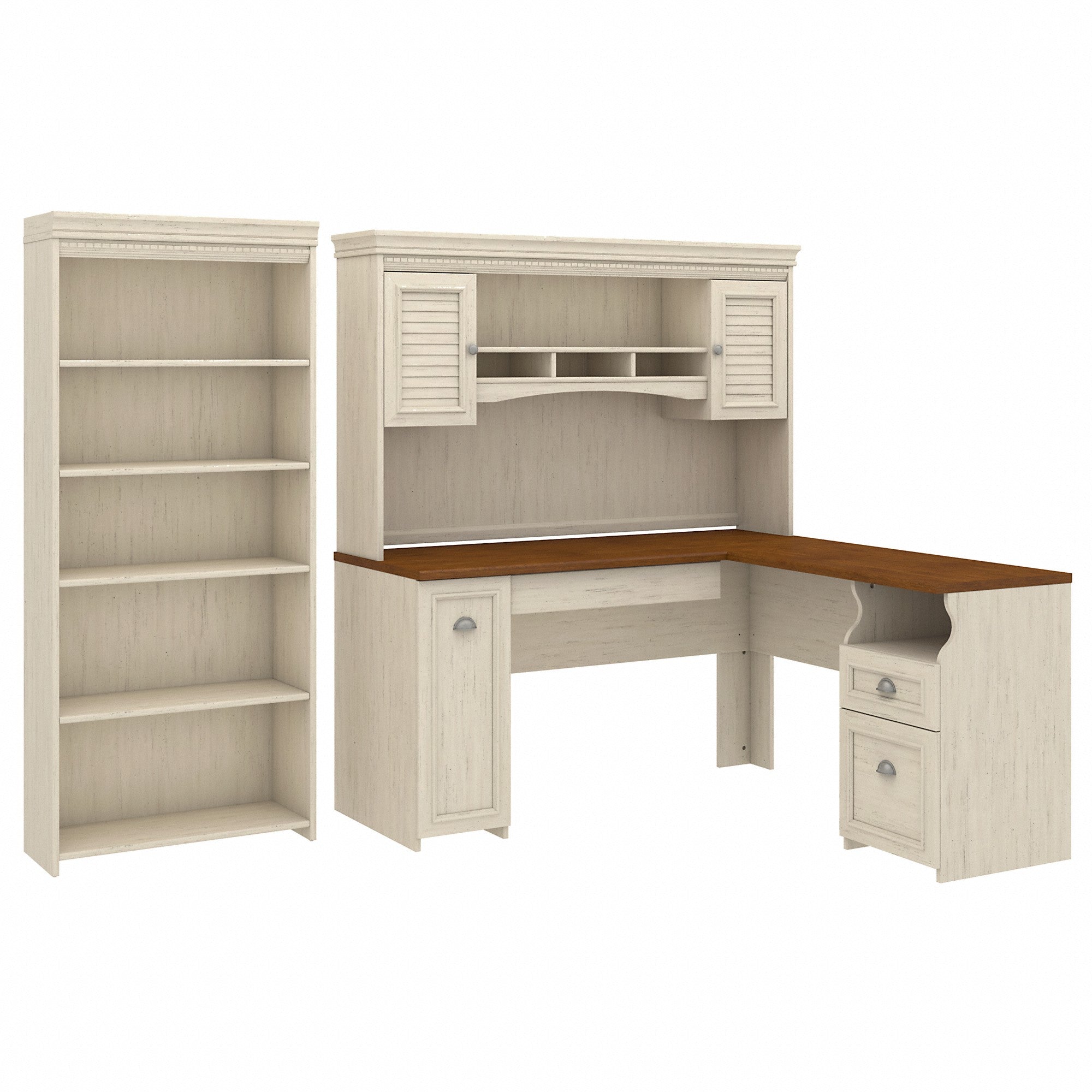 Bush Furniture Fairview 60W L Shaped Desk with Hutch and 5 Shelf Bookcase