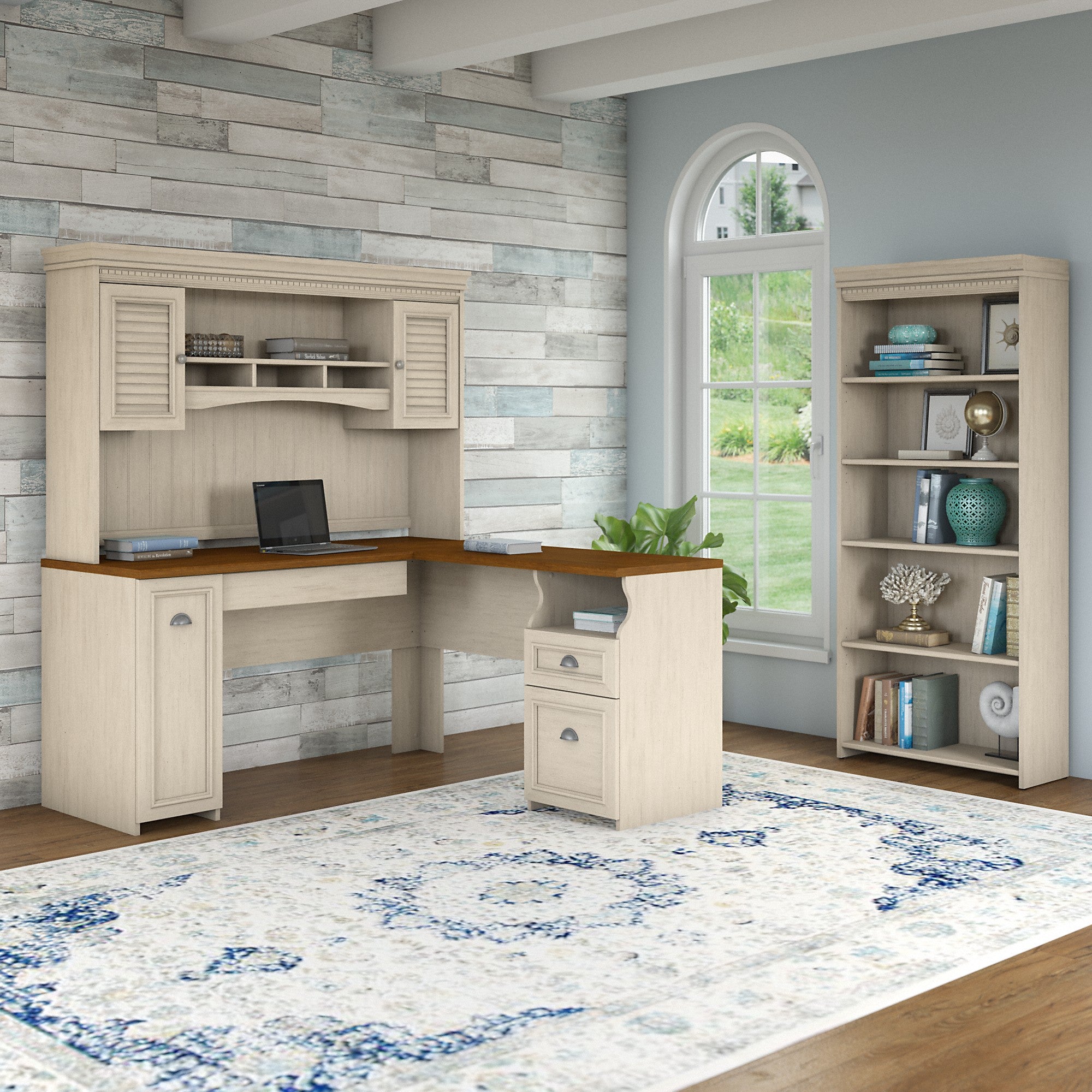 Bush Furniture Fairview 60W L Shaped Desk with Hutch and 5 Shelf Bookcase